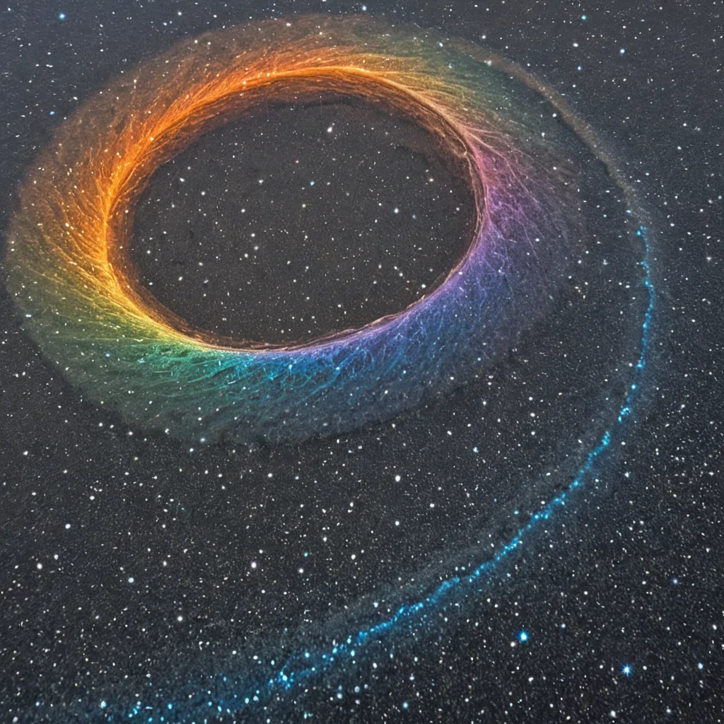 A single, selfoscillating knot of solidified starlight, shaped like a Mbius strip woven from reversed chronons and unformed constellations, rotates at the center of a vast, inverted lagoon made entirely of petrified rainbows and suspended moments of unrefracted light. The knot does not illuminateit unrefracts, each twist dissolving a layer of spectral potential that never coalesced into a shared spectrum, reforming into ephemeral, amethystthreaded afterimages shaped like the negative space between two prisms that never aligned in the same moment of mutual dispersion. The lagoon is not aquaticit is a stratified expanse of compressed luminescence, each ripple a fossilized aur