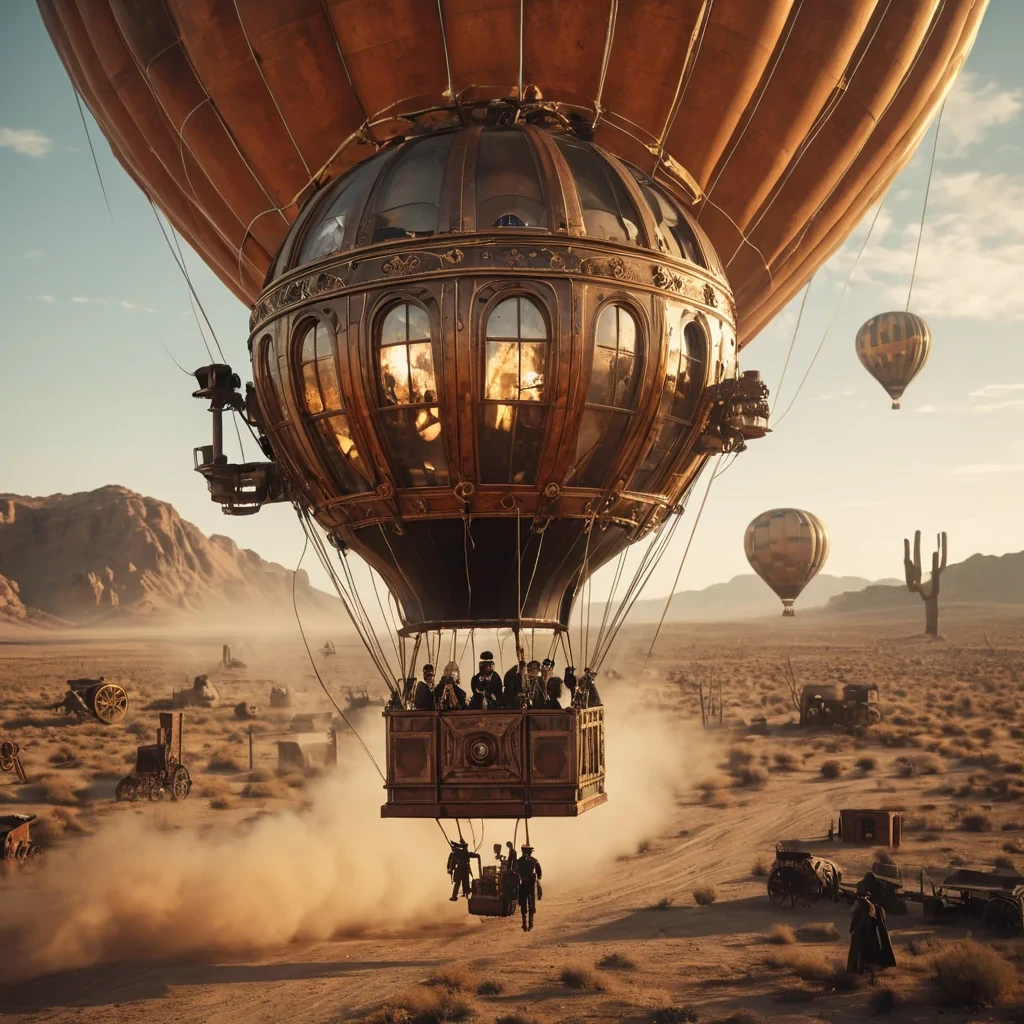 A levitating, Victorianera hot air balloon traversing a postapocalyptic desert, with intricate, rusted machinery and passengers dressed in steampunk attire, hyperrealistic, 8K, cinematic lighting, volumetric lighting, atmospheric effects, dynamic lighting, bokeh effect, soft focus, lens flare, warm golds and rusted oranges, detailed textures.