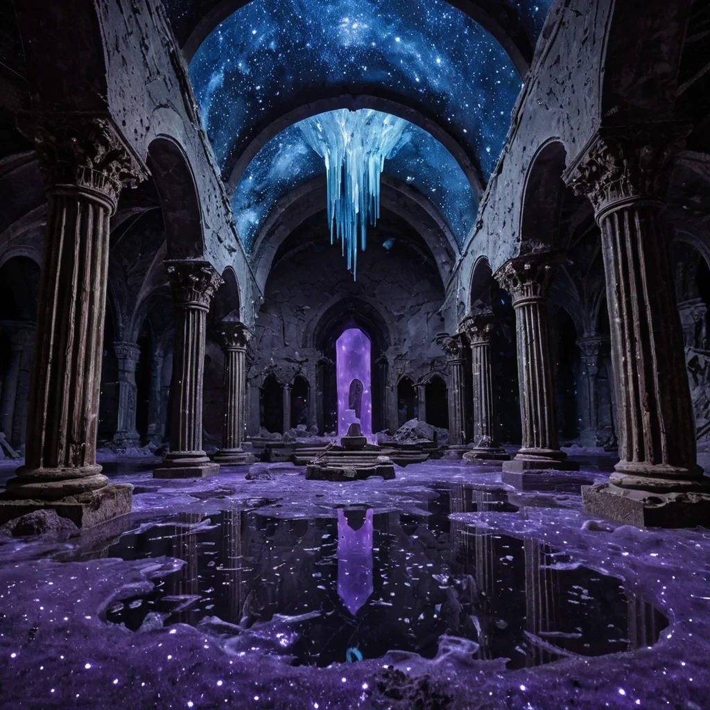 A sprawling, submerged cathedral of solidified moonlight, nestled beneath the surface of a stagnant, mercuryblack sea, its arched ceilings woven from strands of frozen auroras and suspended relics of drowned stars. Each column is carved from petrified sound waves, resonating faintly with harmonics that ripple across the water like silent echoes. At the altar, a single, crystalline hourglass floats suspendedits sand composed of shattered time fragments that glow with a soft, pulsing indigo. From the ceiling, countless glass shards hang like chandeliers, refracting the dim bioluminescence into a kaleidoscope of violet and silver mists. The water is thick with suspended dust motes that spin in slow, hypnotic spir