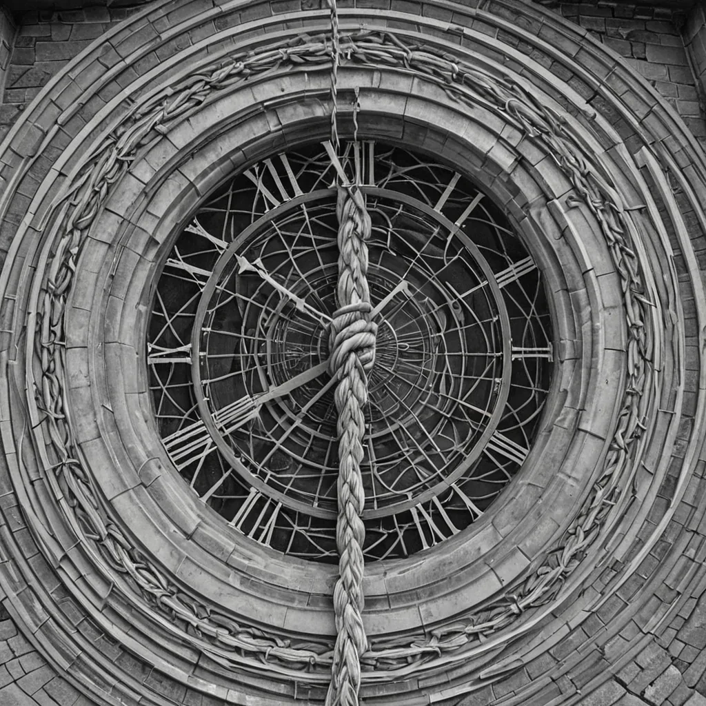 A single, selfrewriting knot of reversed time, shaped like a 17,403dimensional braid of unformed chronology and inverted causality, pulses at the center of a vast, inverted clocktower of solidified stasis. Each strand is woven from the exact moment between a second hand ticking forward and its refusal to move, a memory being recalled and dissolving into nonsequentiality, a heartbeat syncing with a distant chime and collapsing into pure, unmeasured nontemporality. The braid does not advance time  it unadvances it, each unraveling loop shedding a layer of temporal potential that never coalesced into past, present, or future, reforming into ephemeral, on
