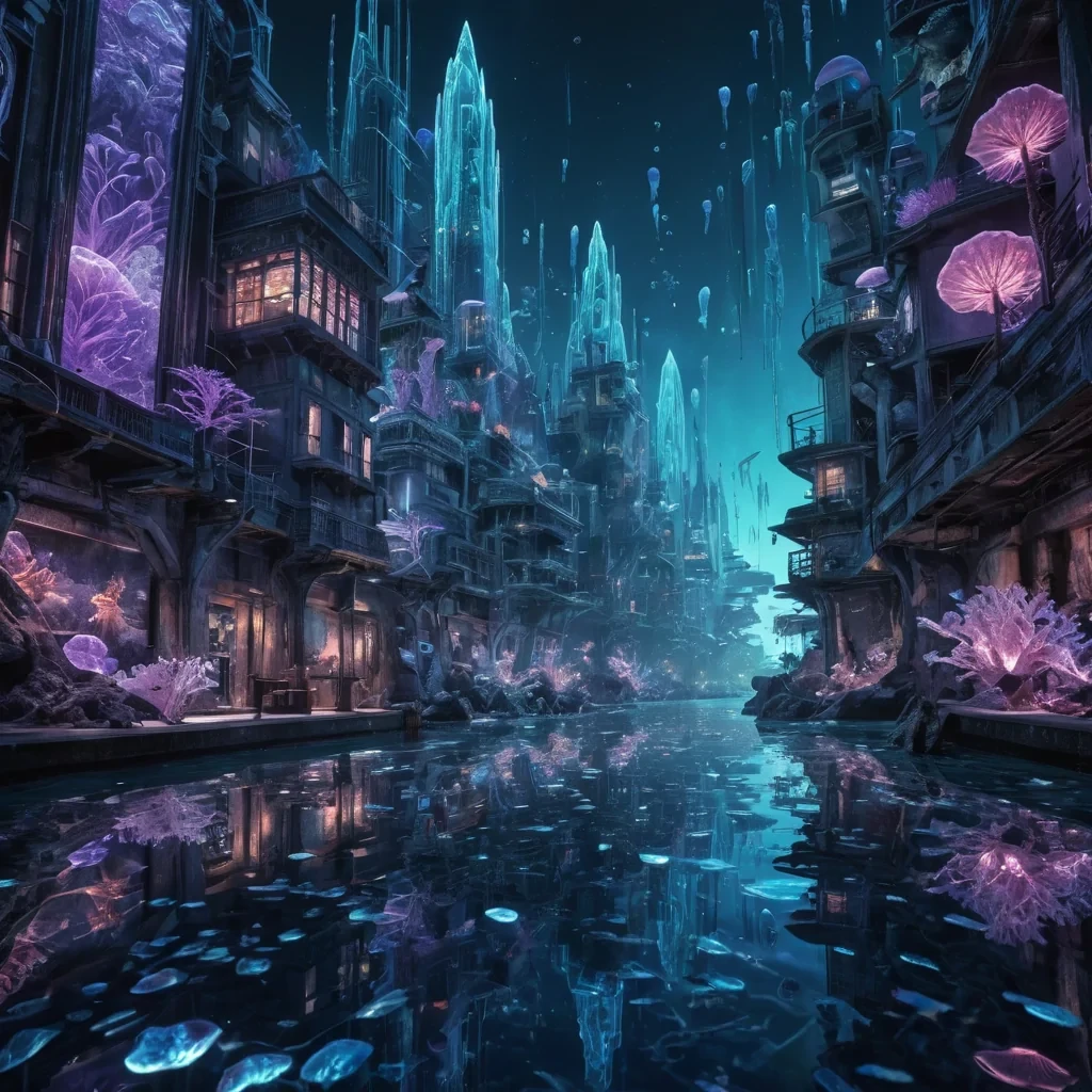 A hyperrealistic, 4K, ultra HD depiction of a surreal, underwater cityscape teeming with bioluminescent life. The citys iridescent, crystalline structures rise from the ocean floor, their facets shimmering with a kaleidoscope of electric blues and purples. Volumetric lighting from the pulsating, living coral casts a mesmerizing glow on the diverse, aquatic inhabitantsethereal merfolk with translucent, scalelike skin and mesmerizing, bioluminescent patterns. Photorealistic, zerogravity schools of exotic, luminescent fish drift in a surreal ballet above the shimmering, subterranean rivers. In the heart of the city, a towering, crystalline formation resembling an ancient