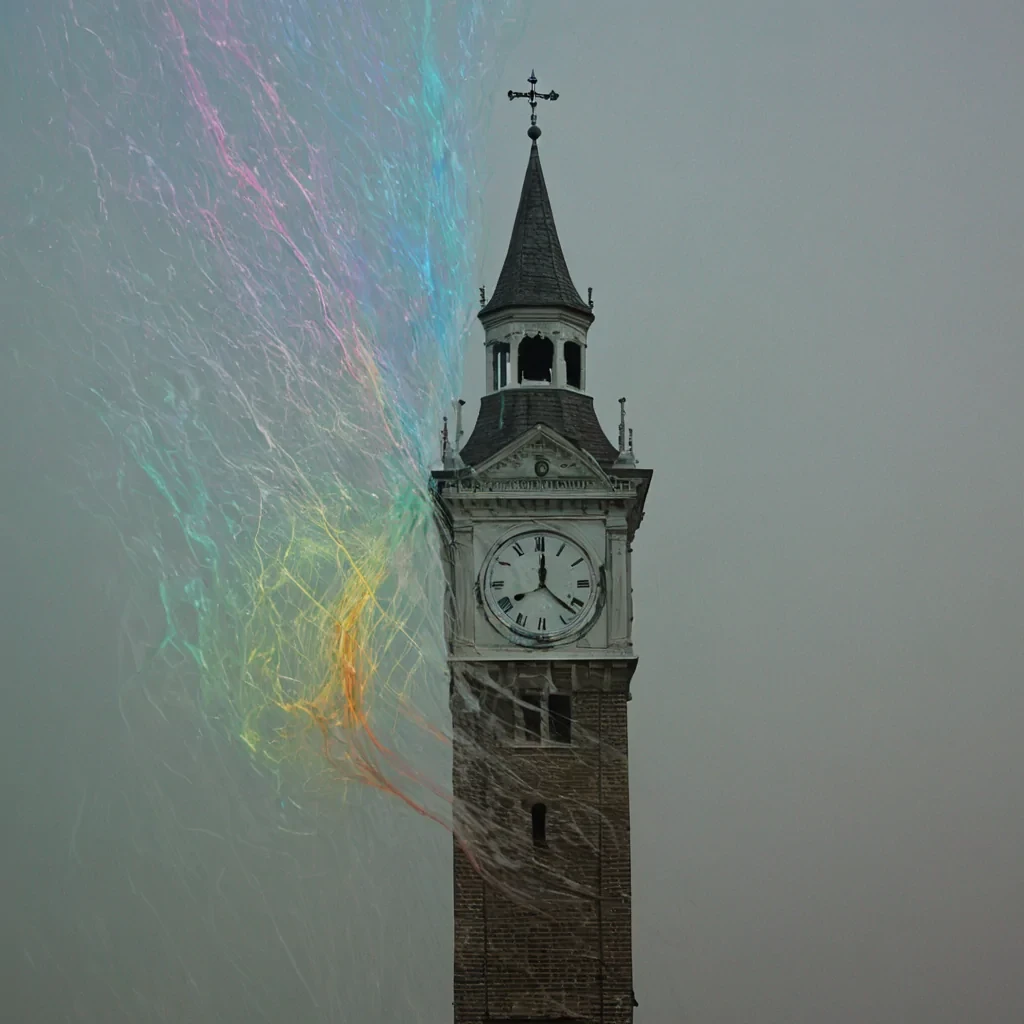 A single, selfdissolving filament of reversed laughter threads through the core of a floating, inverted clocktower built from solidified silence, its structure not brick or iron but woven from the thermal residue of a thousand unspoken apologies that never left the lips of the forgotten. The filament does not echoit unlaughs, each pulse unraveling a moment of joy into its original stillness, releasing a wave of zeroentropy mirth that fractures the fabric of time into a drifting mist of iridescent, crystalline sighs, each one etched with the chromatic afterimage of a hand that never reached to hold another in the quiet after a storm. The clocktowers gears are not mechanicalthey are fossilized moments of hesitation, each