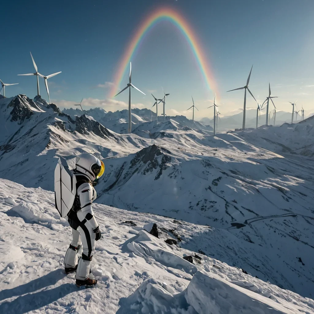 A horizontal, eyelevel medium shot of a highaltitude wind farm situated on the jagged peaks of a crystalline mountain range, where the wind turbines are replaced by massive, rotating discs of spun glass that refract sunlight into prismatic rainbows across the surrounding snow. In the foreground, an aeronaut wearing a streamlined, aerodynamic suit of matte white composite material with integrated solarpanel wings stands on a narrow obsidian ledge, adjusting a complex array of copper antennas mounted on their back. The air is thick with floating ice crystals that glitter like diamond dust, and in the distance, a fleet of silent, teardropshaped airships drift lazily on the thermal currents, their hulls reflecting the soft, pastel hues of a twilight sky
