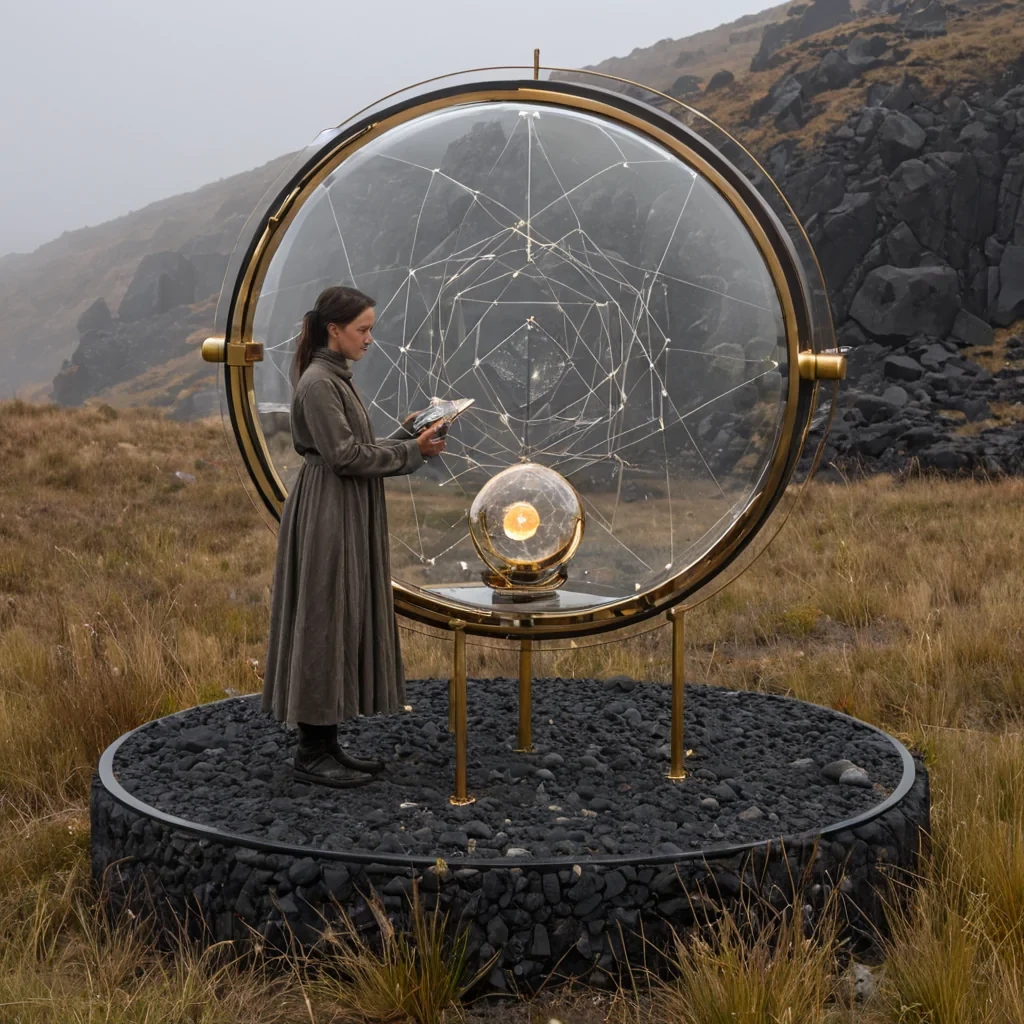 A horizontal, eyelevel medium shot of a compact, floating observatory constructed from matteblack volcanic rock and polished, curved brass mirrors, drifting above a dense, foggy expanse of silverneedle grass. The structure features a central, rotating aperture made of faceted, translucent amber glass that captures the pale, diffuse light of a distant, binary star system. In the foreground, a stellar cartographer with smooth, umbertoned skin and wearing a structured, highcollared tunic of woven hemp and embroidered with tiny, glowing fiberoptic threads stands on a small, circular platform of roughhewn stone. They are holding a delicate, handheld astrolabe made of clear quartz and thin silver wires, aligning it with the