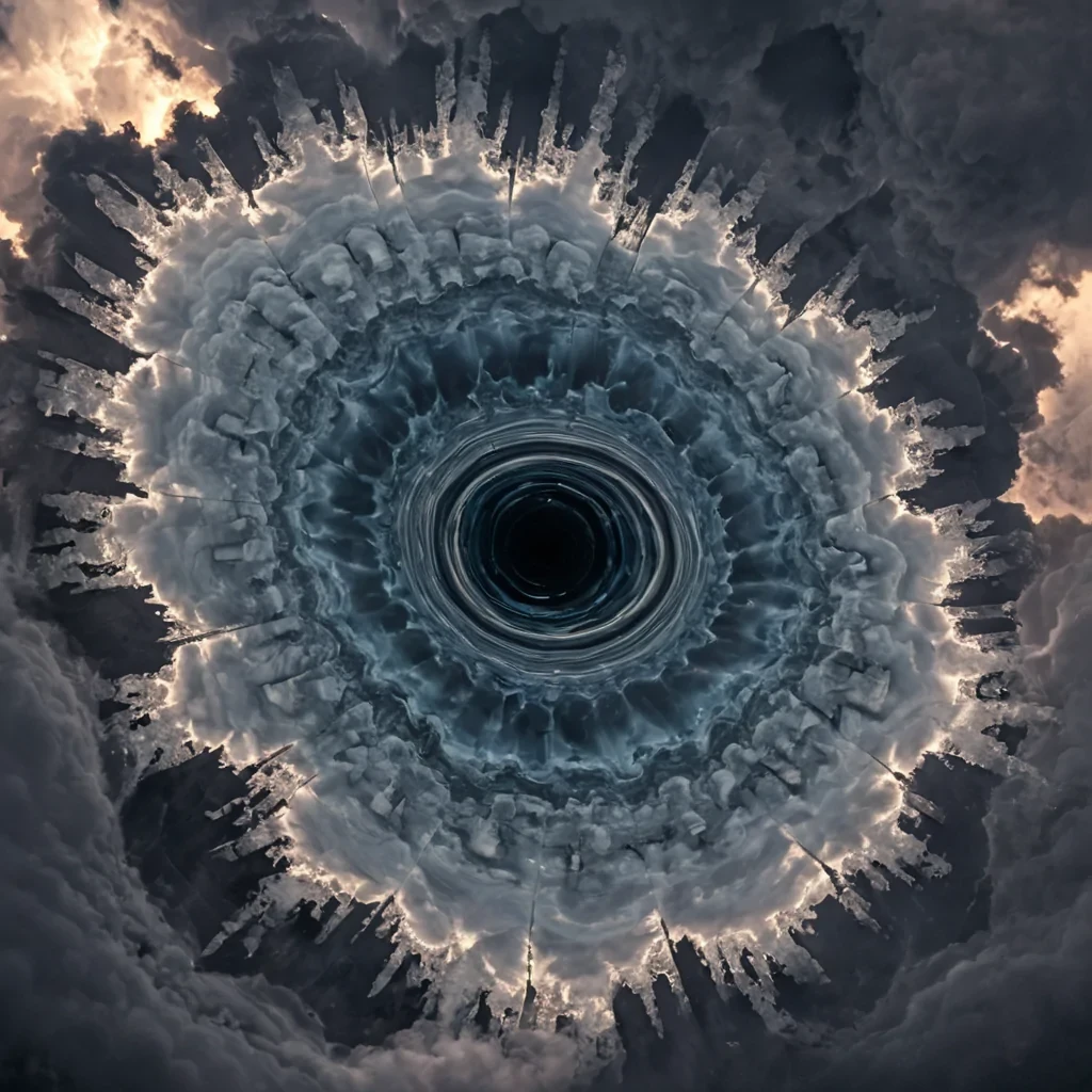 A hyperrealistic, extreme macro photograph of a crosssection of a sentient, living cloud formation hovering over a silent, geometric plaza of fractured obsidian. The cloud is not white but a dense, swirling vortex of translucent, violethued vapor infused with microscopic, suspended diamonds that sparkle like starfields. Inside the heart of the vortex, a singular, massive, eyelike structure is visible, composed of layered, rippling membranes of iridescent oil on water, reflecting a distorted, inverted cityscape of neondrenched towers. The lighting is complex and layered, with hard, sharp shadows cast by the diamonds onto the obsidian below, contrasting with the soft, ethereal glow emanating from within the cloud. The color palette is dominated by