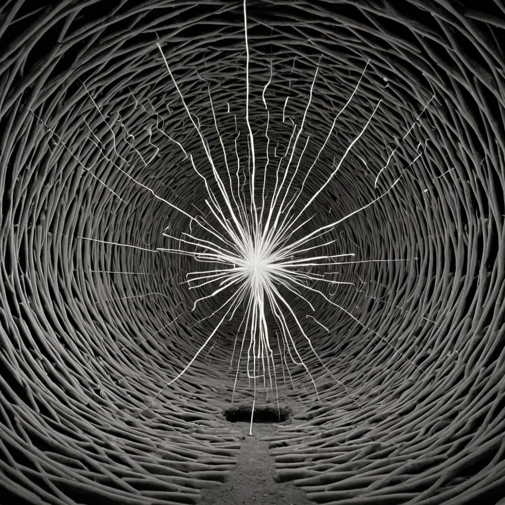 A single, selfresonating cluster of reversed resonance, shaped like a 1,000,000,000dimensional lattice of unformed frequency and inverted vibration, pulses at the center of a vast, inverted cavern of solidified silence. Each node is spun from the exact moment between a tuning fork striking and its refusal to ring, a heartbeat syncing with a distant drum and dissolving into nonrhythm, a voice beginning to speak and collapsing into pure, unmeasured nonharmony. The lattice does not transmit soundit untransmits it, each fraying filament shedding a layer of acoustic potential that never coalesced into melody, echo, or the weight of being heard, reforming into ephemeral,