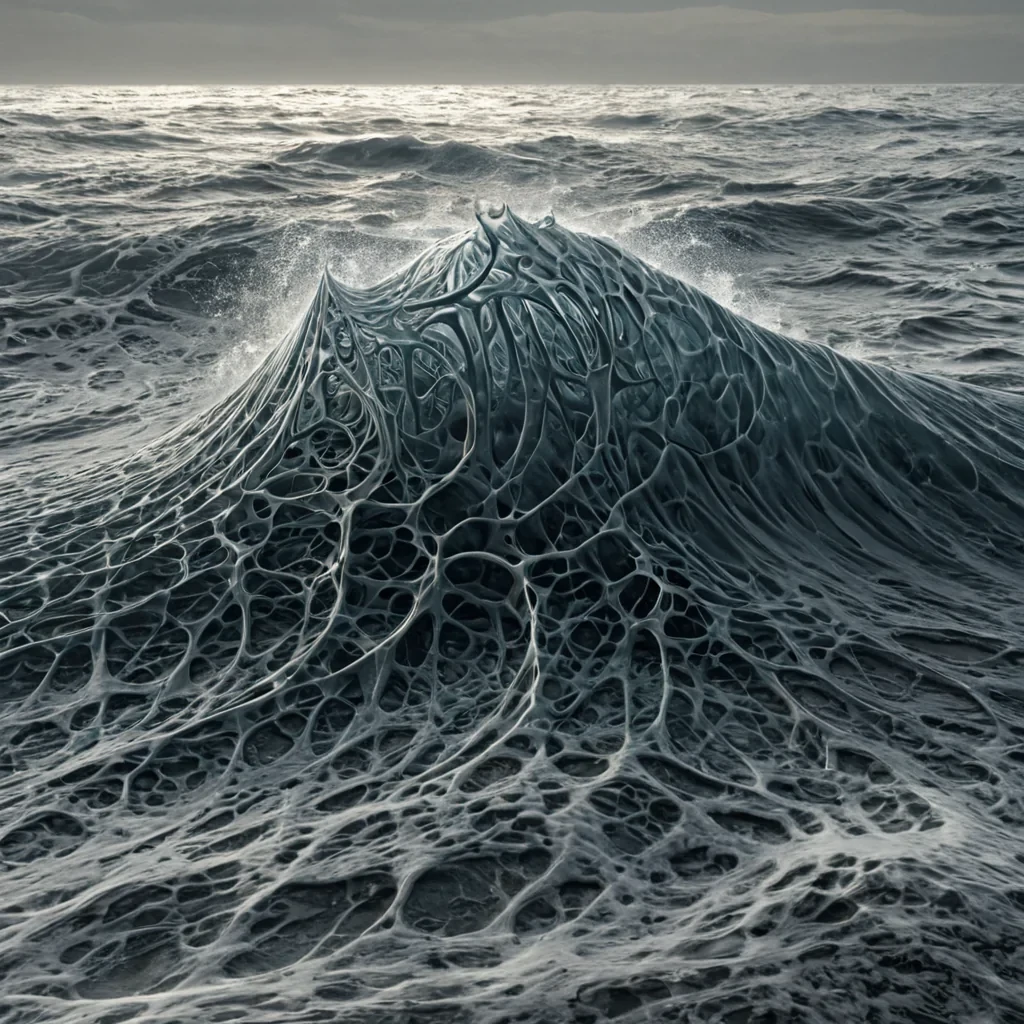 A single, selfilluminating fractal of reversed silence, shaped like a 107dimensional lattice of unformed stillness and inverted resonance, pulses at the center of a vast, inverted ocean of solidified breatheach wave frozen midcrest in the exact moment between a gasp and its containment, a lull and its absence, a tide rising and a shore refusing to receive it. The fractal does not vibrateit unsilences, each shimmering node shedding a layer of acoustic potential that never coalesced into a shared frequency, reforming into ephemeral, cobaltthreaded afterimages shaped like the negative space between two mouths that never opened, suspended in the quiet, trembling depth of a