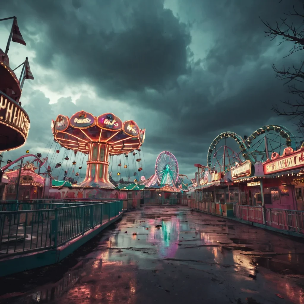 A vast, abandoned amusement park where neon rides stretch towards a stormy sky, the air filled with the faint echo of forgotten laughter, hyperrealistic, ultra HD, cinematic lighting, volumetric lighting, atmospheric effects, dynamic lighting, bokeh effect, soft focus, lens flare, pastel tones, detailed textures.