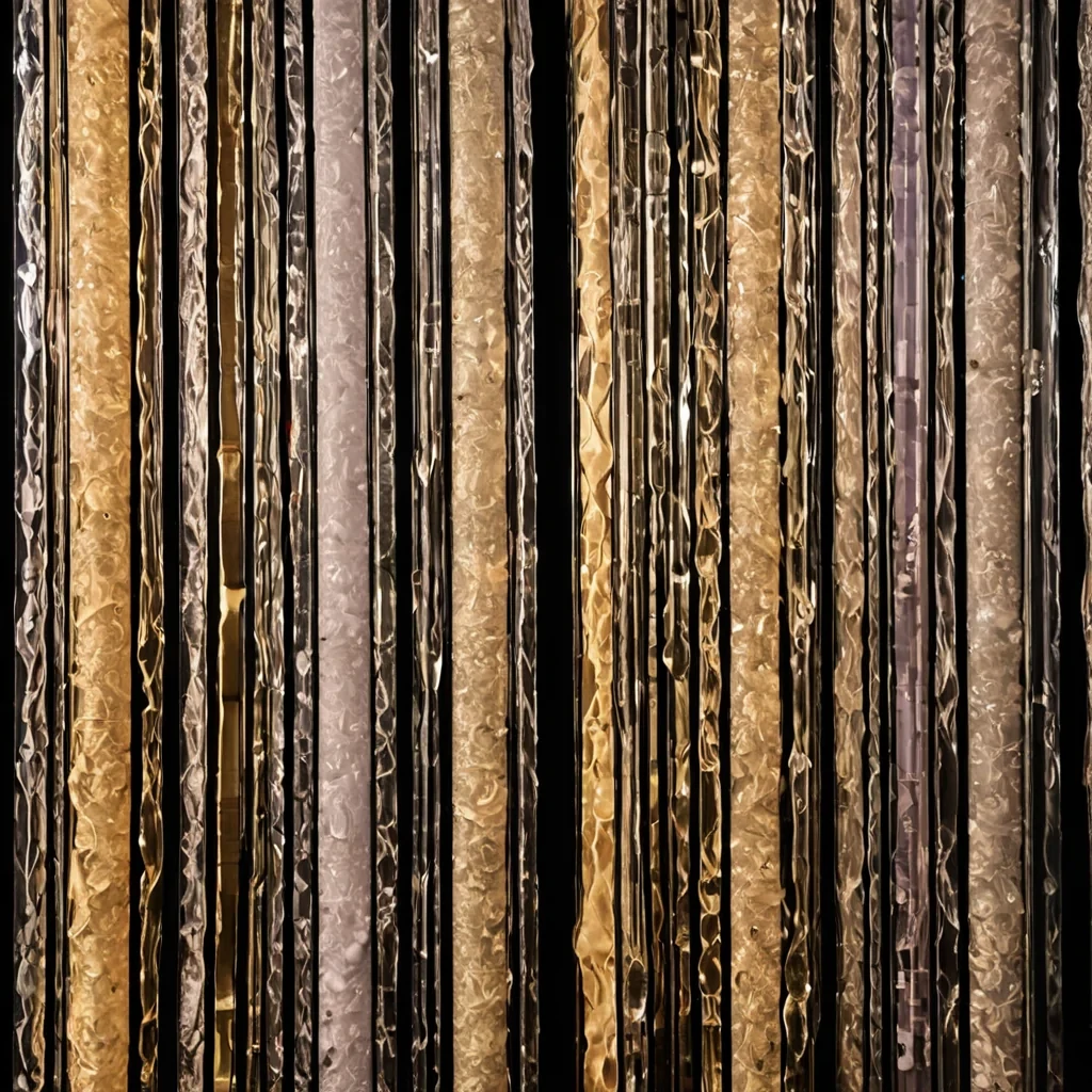 A vertical, ultramacro photograph of a dense, vertical forest of rigid, cylindrical columns made of compressed, translucent sugar glass in varying shades of pale amber and clear white, rising from a flat, matte black surface. The columns are not uniform some are twisted into tight helical shapes, while others remain straight but are fractured horizontally, with the broken ends perfectly aligned to create a stepped, pixelated skyline effect. Interspersed among the glass columns are delicate, intricate structures of dried, translucent lace made from a synthetic, biopolymer material in a soft, dusty lavender hue, draped over the glass like delicate, geometric nets. The lighting is backlit and diffused, creating a warm, golden glow that penetrates the glass