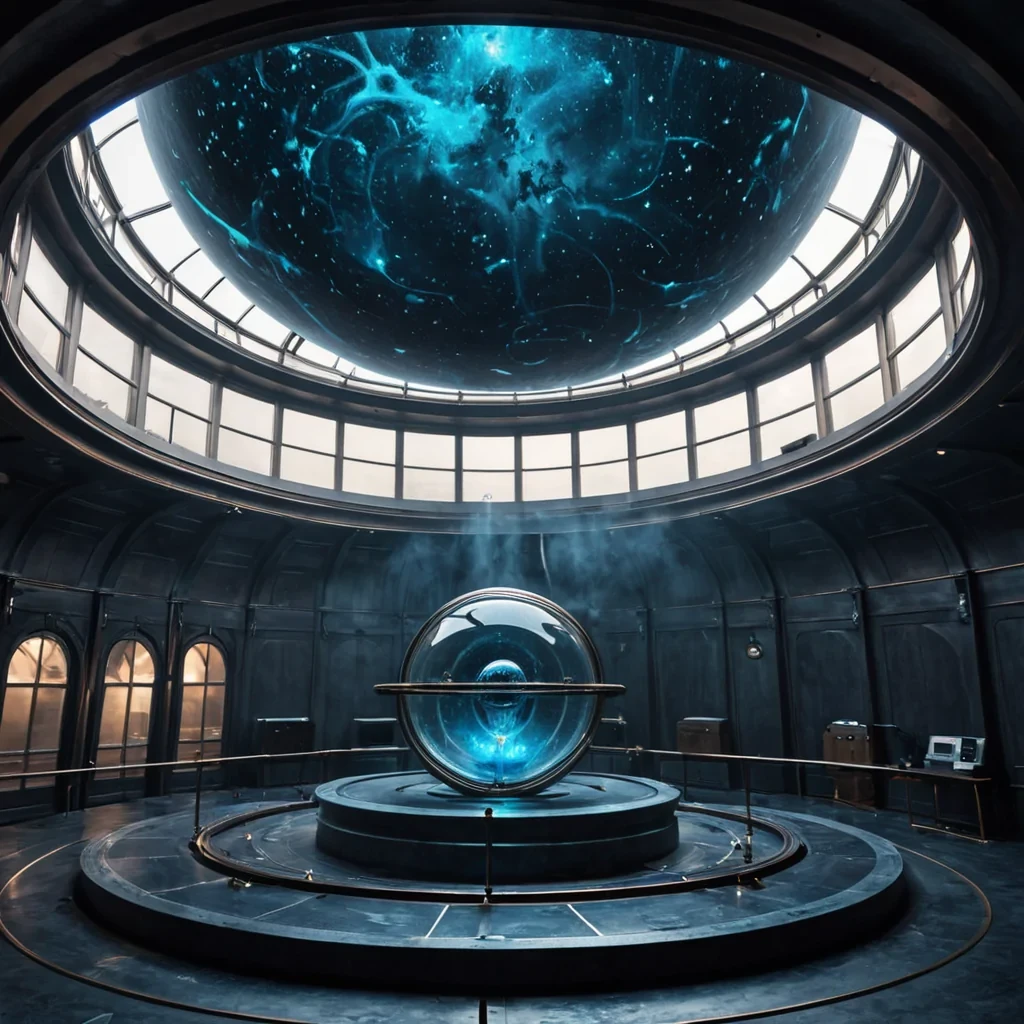 A hyperrealistic, eyelevel medium shot of a tranquil, circular observatory interior constructed from brushed bronze panels and curved, floortoceiling windows made of thick, smoked glass. The room is empty of people, but the center is occupied by a massive, spherical astrolabe crafted from interlocking rings of polished mahogany and etched silver, slowly rotating in midair without visible support. Within the core of the astrolabe, a dense, swirling nebula of liquid light in shades of deep indigo and electric cyan pulses gently, casting dynamic, shifting reflections onto the surrounding metallic surfaces. The lighting is dramatic and directional, with beams of twilight sunlight streaming through the windows, illuminating floating motes of dust that dance around the device