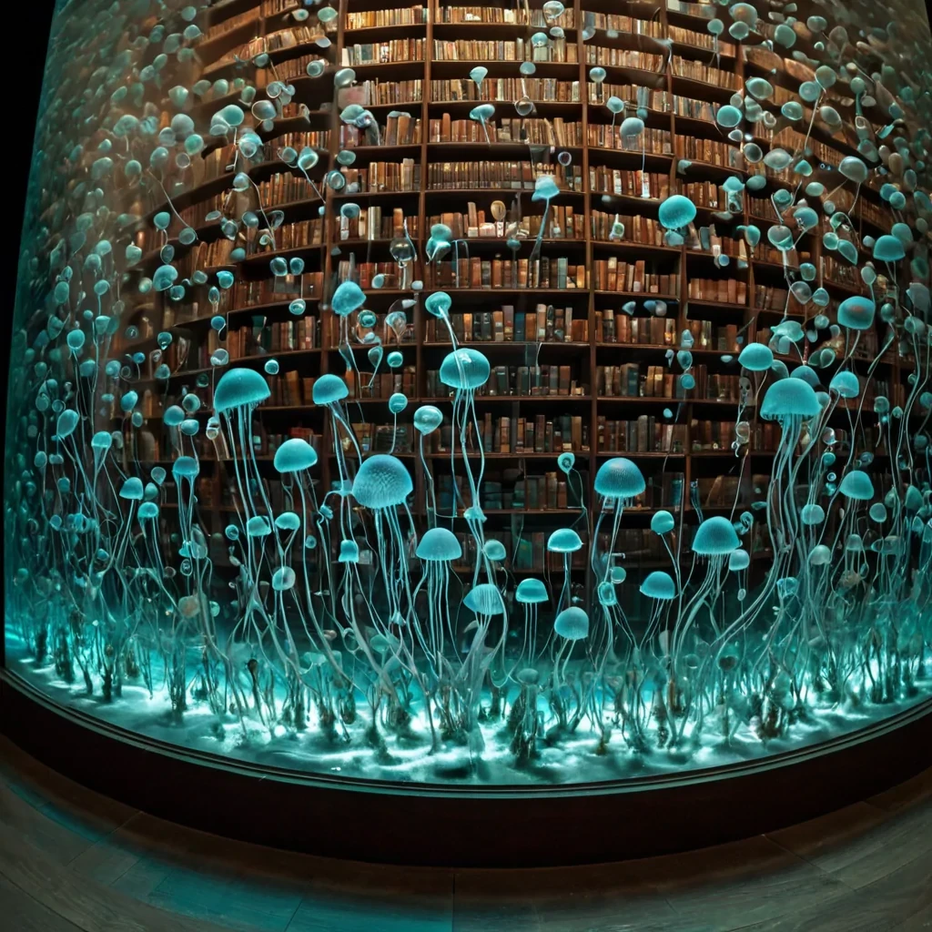 A hyperrealistic, groundlevel wideangle shot of a vast, silent library carved into the interior of a hollowedout, colossal nautilus shell, where the walls are curved, smooth, and composed of layers of iridescent nacre that reflect soft, ambient light in shifting hues of pearl and pale rose. Instead of books, the shelves are filled with thousands of small, transparent, spherical glass vials, each containing a different, intricate, frozen snapshot of a microscopic ocean ecosystemtiny jellyfish, plankton, and coral polyps suspended in clear fluid, glowing with faint, internal bioluminescence in varying shades of teal, violet, and amber. The floor is a seamless, matte slate surface, slightly reflective, mirroring