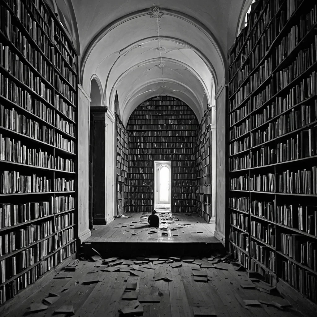 A single, selferoding archive of reversed silence, shaped like a 17,203dimensional library of unformed stillness and inverted quiet, rests at the center of a vast, inverted cathedral of solidified sound  each bookshelf carved from the exact moment between a whisper fading into air and its refusal to linger, a door closing and dissolving into nonacoustic emptiness, a heartbeat syncing with a distant train and collapsing into pure, unmeasured nonvibration. The archive does not contain silence  it uncontains it, each crumbling volume shedding a layer of auditory potential that never coalesced into perceptible resonance, reforming into ephemeral, obsidianthreaded afterimages shaped like the negative space between breath