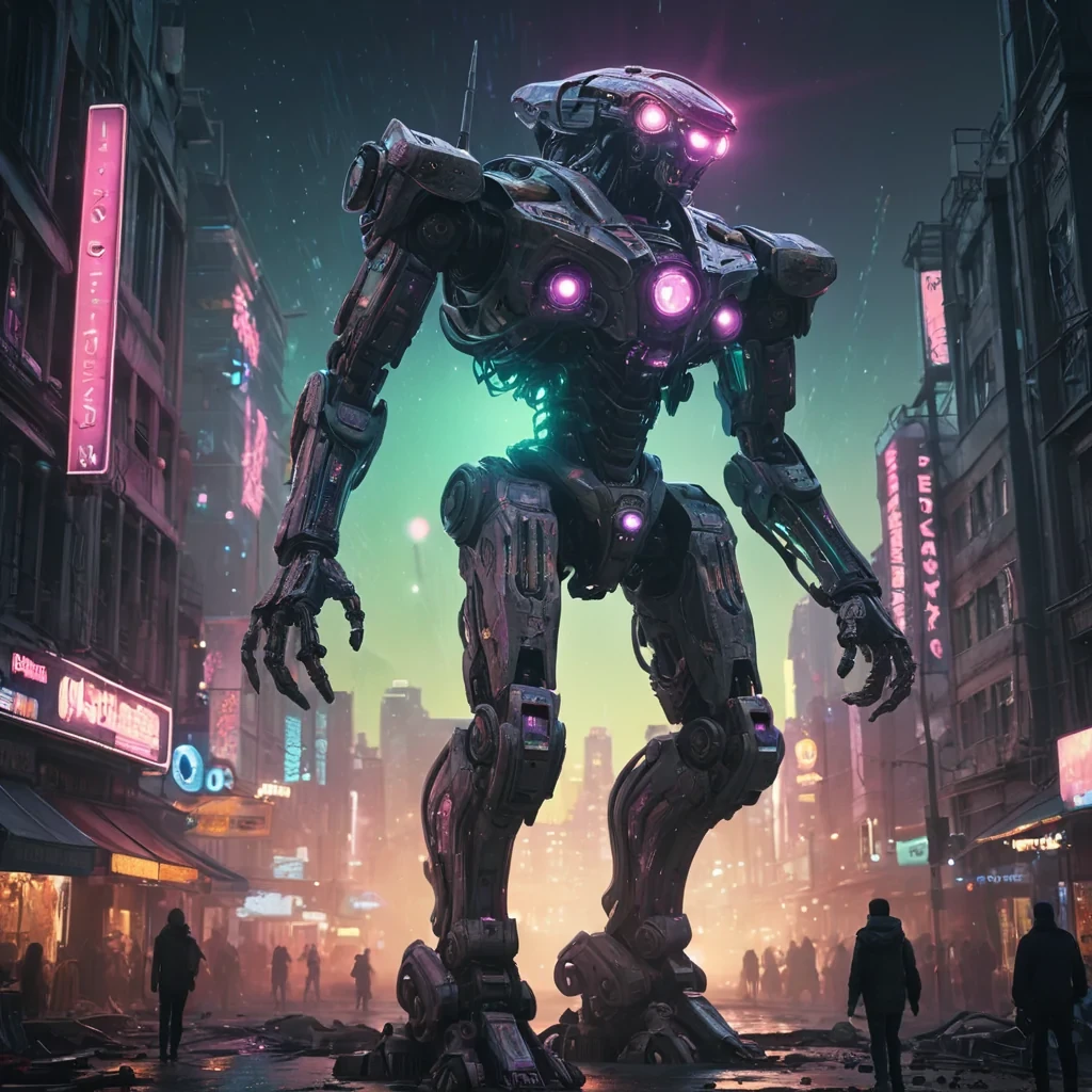 Photorealistic, Ultra HD, colossal, ancient, cinematic mech, its detailed, textured surface adorned with intricate, 4K, neonlit filigree, stands sentinel amidst a desolate, alien, neonlit metropolis. The mechs dynamic, volumetric lighting pulsates with a vibrant, pastel spectrum, casting intricate, atmospheric shadows across the urban landscape. Its powerful, cinematic searchlights, crafted from swirling, neonlit vortexes, illuminate the distant, swirling galaxies, creating a soft, ethereal bokeh effect that dances with the scenes lens flare, as the rhythmic, atmospheric calls of unseen creatures echo through the thin, atmospheric air.