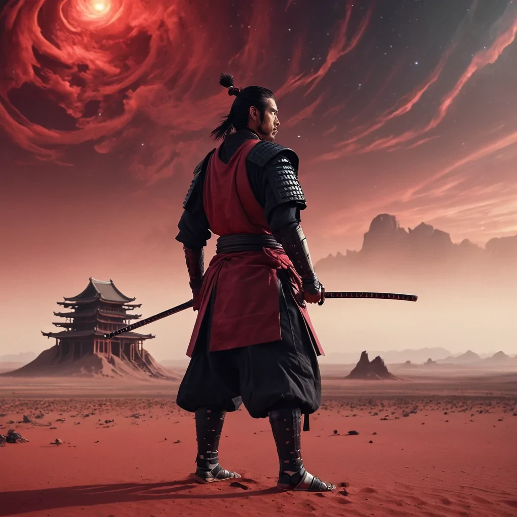 A cinematic, photorealistic portrait of a stoic, cyberneticallyenhanced samurai, standing alone in a desolate, crimsonred desert landscape, with distant, towering, monolithic structures looming in the background, and a swirling, ethereal nebula casting dynamic, otherworldly lighting across the scene.
