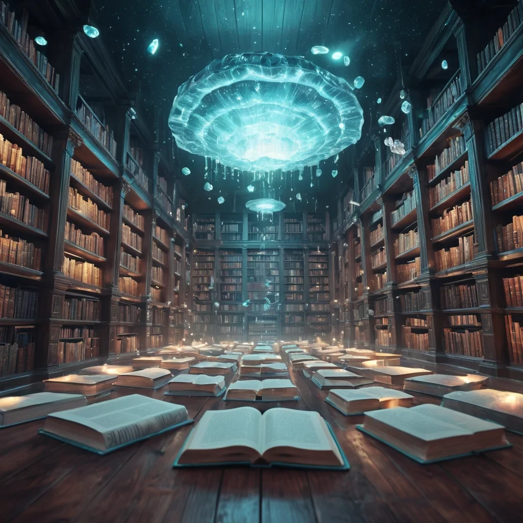 A levitating, crystalline library floating above a vast, alien ocean, its shelves filled with glowing, liquidfilled tomes, hyperrealistic, Ultra HD, cinematic lighting, volumetric lighting, atmospheric effects, soft focus, pastel tones, detailed textures.