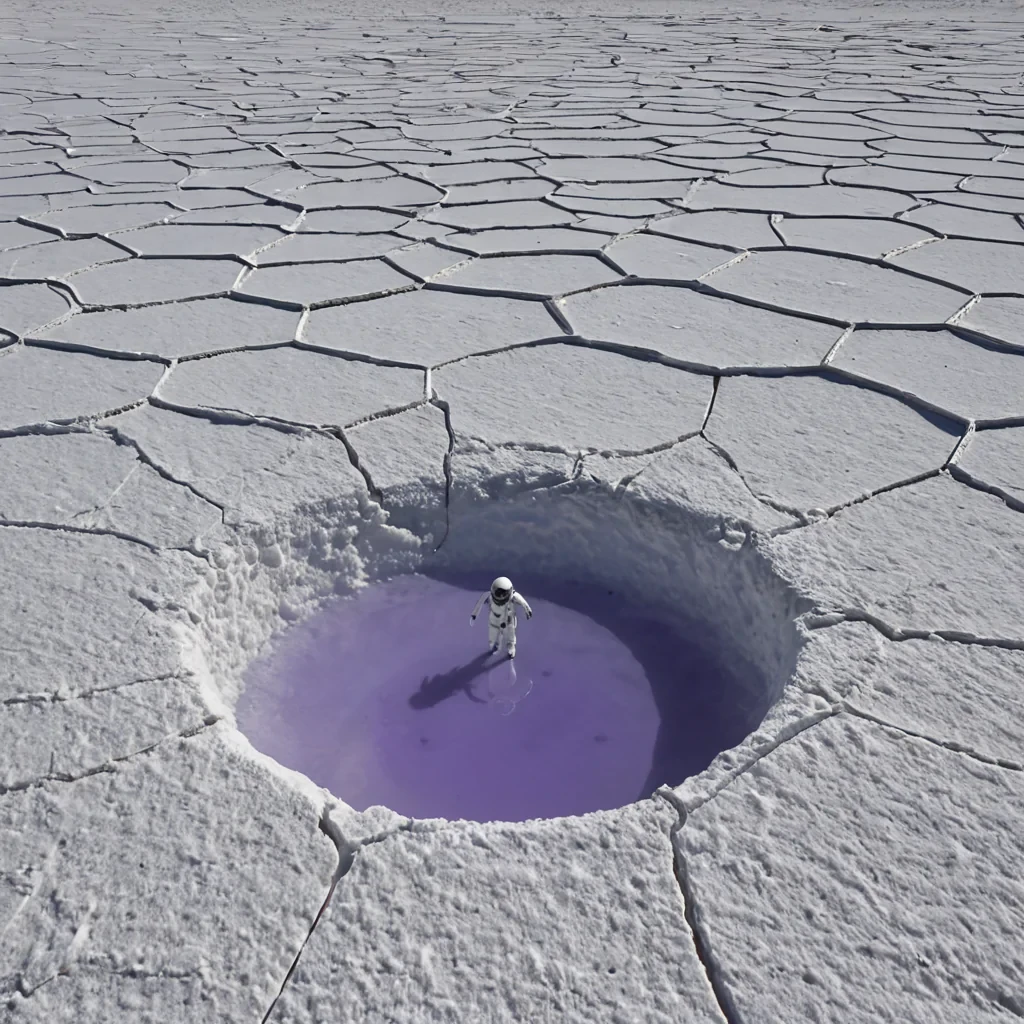 A horizontal, eyelevel wide shot of a vast, highaltitude salt flat where the ground is a seamless expanse of crystalline white magnesium sulfate that fractures into intricate, geometric spiderweb patterns underfoot. In the center stands a colossal, inverted ziggath structure made of brushed titanium and translucent alabaster, its base resting on the salt crust while its apex points downward into a deep, glowing sinkhole. Inside the sinkhole, a miniature ecosystem of floating, aerostat islands drift in slow motion, connected by delicate bridges of spun glass fiber that hum with visible, violet acoustic waves. A solitary figure wearing a sleek, mattewhite pressure suit with a helmet made of clear, curved acrylic stands at the edge of the sinkhole, holding