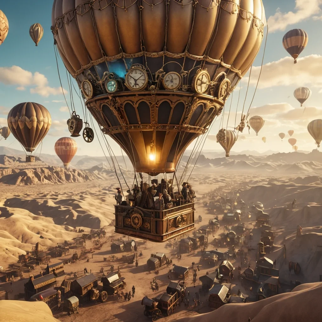 A whimsical, steampunk hot air balloon festival over a sprawling, fogladen desert, with airships adorned in brass gears and Victorian elegance, hyperrealistic, 4K, cinematic lighting, volumetric lighting, atmospheric effects, lens flare, vibrant colors, detailed textures.