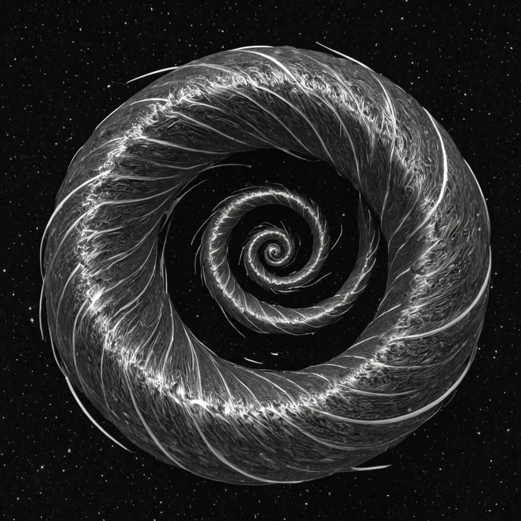 A single, selferoding spiral of reversed gravity, shaped like a 4,207dimensional helix of unformed descent and inverted levitation, rotates through the hollow core of a vast, inverted planet of solidified weightlessness. Each coil is spun from the exact moment between a stone falling toward Earth and its refusal to accelerate, a feather drifting upward and dissolving into nonresistance, a heartbeat syncing with the rhythm of a zeroG orbit and collapsing into pure, unmeasured nonmomentum. The spiral does not pullit unpulls, each unraveling turn shedding a layer of gravitational potential that never coalesced into mass, orbit, or the weight of being anchored. As it spins backward through the void,