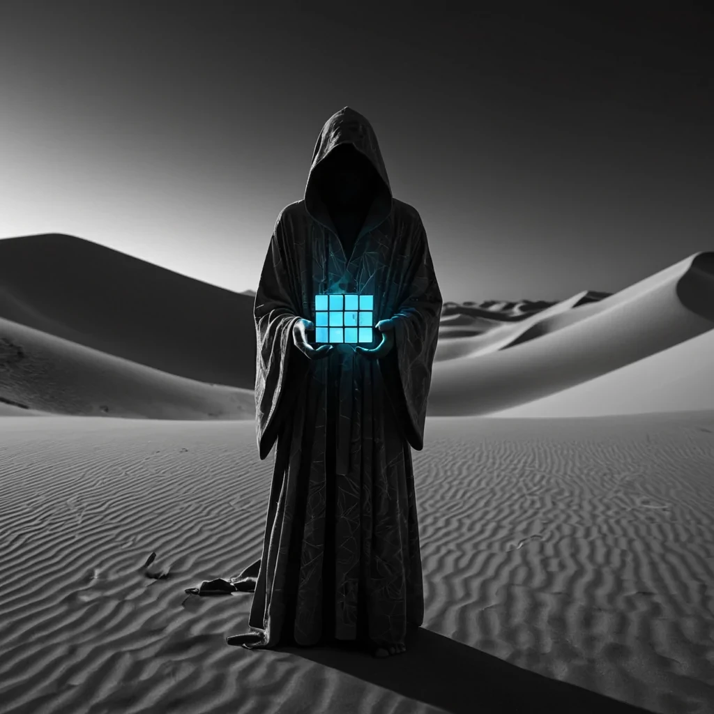 A hyperrealistic, 4K portrait of a sentient, levitating, neonlit holographic Rubiks cube, its ethereal form pulsating with intricate, bioluminescent fractal patterns, set against a surreal, monochromatic landscape of undulating, shadowy dunes, with volumetric lighting casting dramatic shadows and emphasizing the cubes dynamic, fluid movements, and a subtle, cool bokeh effect creating a sense of isolation and mystery, as a lone, spectral figure, cloaked in a tattered, hooded robe, stands silently at the edge of the frame, their face obscured by shadows, adding an enigmatic, haunting touch to the otherwise abstract scene.