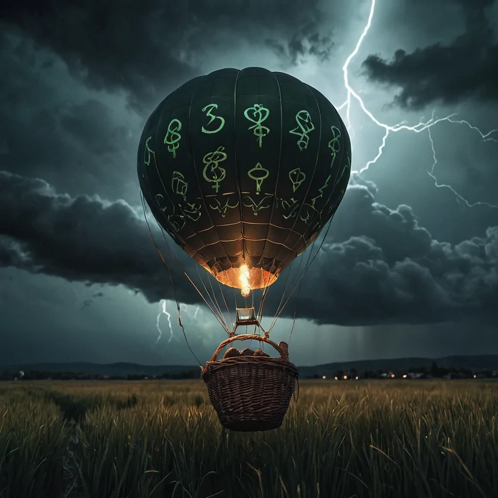 A lone, sentient hot air balloon drifts through a stormy night sky, its wicker basket adorned with ancient, glowing runes that cast an eerie light on the surrounding clouds, hyperrealistic, 8K, cinematic lighting, volumetric lighting, atmospheric effects, dynamic lightning strikes, bokeh effect, soft focus, lens flare, deep blacks, stormy grays, and eerie greens, detailed textures.