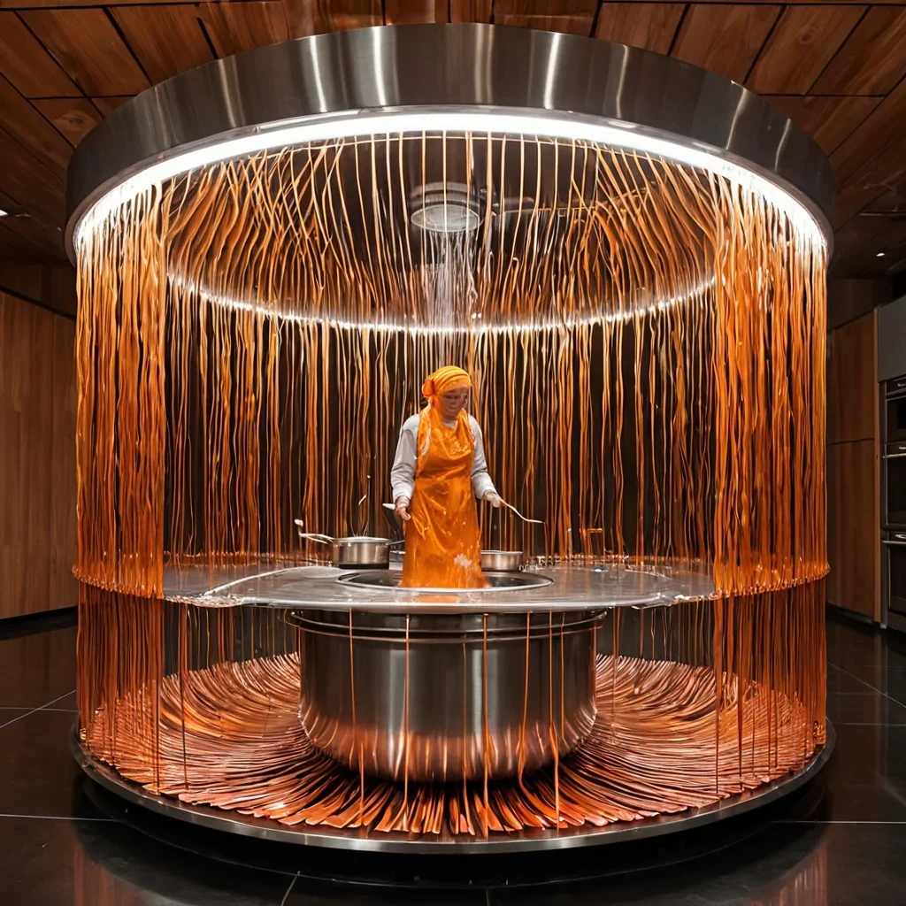 A horizontal, eyelevel medium shot of a vibrant, kinetic kitchen suspended inside a colossal, transparent sphere of aerogel, where the floor is a dynamic, rotating platform of polished copper plates that ripple like liquid metal. The walls are composed of vertical slats of warm, honeycolored wood, each slat acting as a magnetic rail for dozens of floating, stainlesssteel cooking utensils that drift gently in zerogravity. In the center, a figure wearing a chefs coat woven from iridescent, heatresistant synthetic fibers and a headscarf made of sheer, glowing mesh expertly guides a cascade of luminous, goldenorange sauce poured from a floating, crystalline ladle. The sauce forms intricate, slowmotion ribbons that