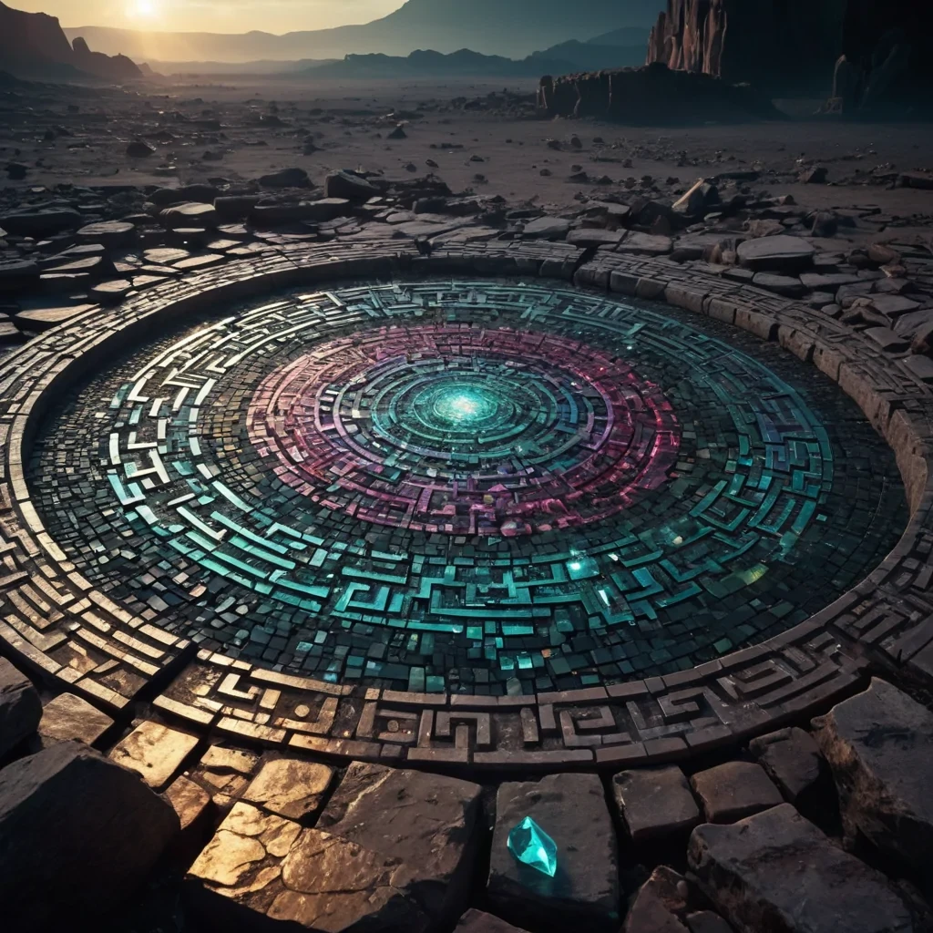 An ancient, colossal, sentient mosaic, crafted from a labyrinth of interlocking, iridescent gemstones, sprawls across a vast, undulating, obsidian plain. The mosaics intricate, geometric patterns cast dynamic, ethereal shadows across the desolate landscape, revealing ancient, luminescent sigils that pulse with an otherworldly energy. Within, a spectral figure, clad in a tattered, vintage gemcutters uniform, drifts through the desolate space, their form composed of swirling, gemstone motes of light. Ultra HD, cinematic volumetric lighting, atmospheric lens flare, vibrant, gemstoneinspired colors.
