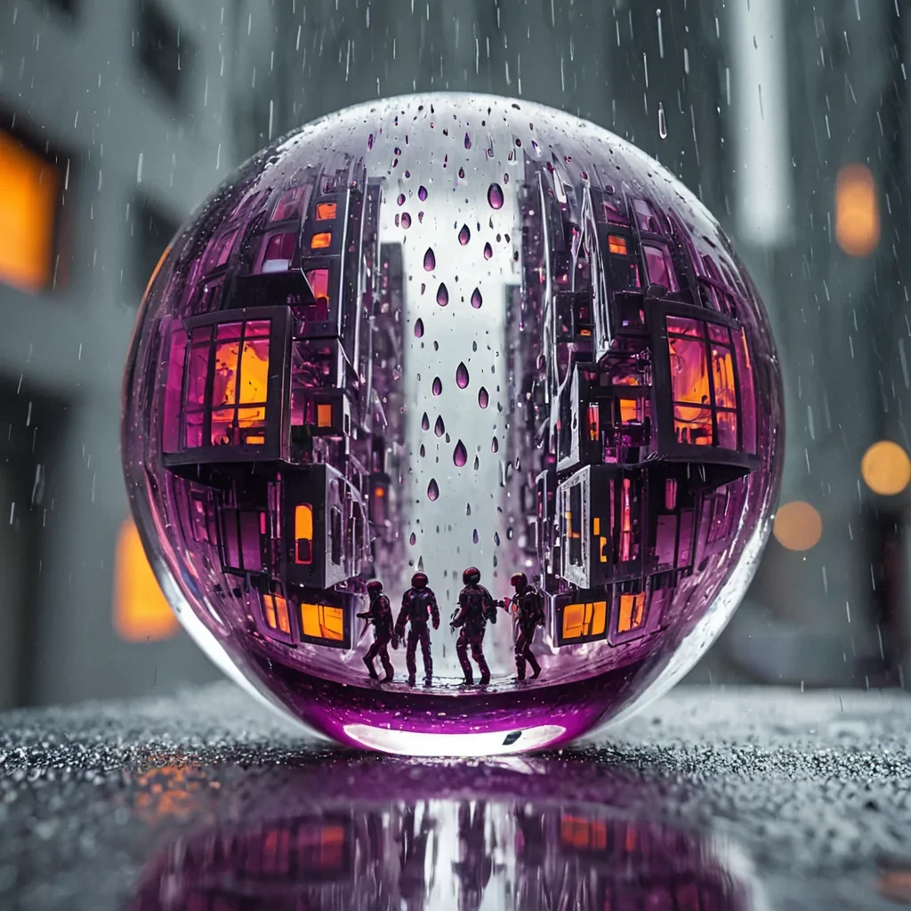 A photorealistic, extreme closeup shot of a massive, spherical raindrop suspended in midair, acting as a convex lens that reveals an inverted, miniature world within. Inside the drop is a bustling, vertical cityscape built entirely from stacked, translucent layers of colorful gelatinous cubes in shades of electric lime, tangerine orange, and deep magenta. Tiny, silhouetted figures in sleek, white exosuits navigate narrow bridges made of solidified light, moving between the cube structures. The background outside the raindrop is a soft, outoffocus blur of a sterile, white laboratory environment with soft, diffused overhead lighting. The surface of the raindrop features sharp, highcontrast reflections of nearby equipment, with