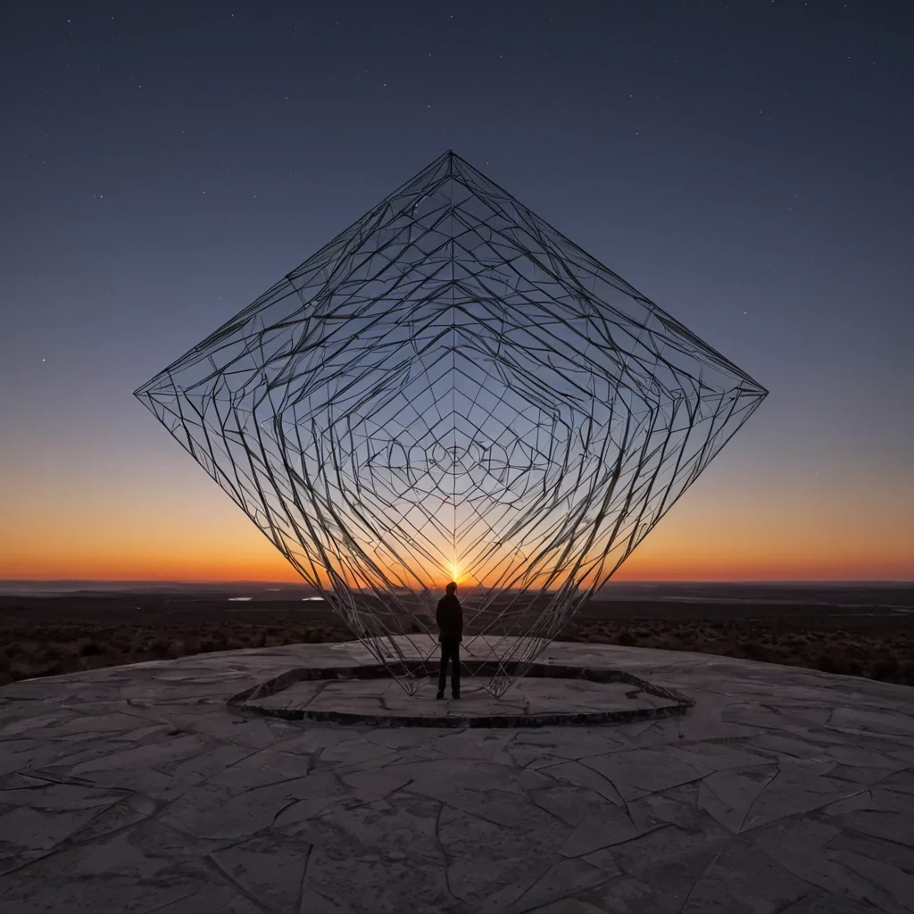 A single, selfsilencing prism of solidified twilight, shaped like a 47dimensional tesseract woven from the inverted refraction of unobserved sunsets and unformed horizons, hovers at the center of a vast, inverted observatory built from the petrified silence of a civilization that measured time through the duration of synchronized, silent gazing at the same unlit horizon. The prism does not refractit unsees, each facet dissolving a layer of perceptual potential that never coalesced into a shared vanishing point, reforming into ephemeral, cobaltthreaded afterimages shaped like the negative space between two eyes that never focused on the same distant line in the same moment of mutual stillness