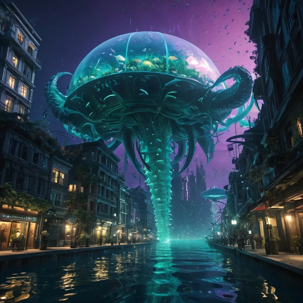 An underwater metropolis, illuminated by bioluminescent flora, with glass domes housing alien flora and fauna. A colossal, ancient leviathan, its scales shimmering in iridescent hues, swims languidly through the city streets, casting rippling shadows on the aquatic architecture. Rendered in 4K, with volumetric lighting, atmospheric effects, and vibrant colors, evoking a sense of tranquil, otherworldly wonder.