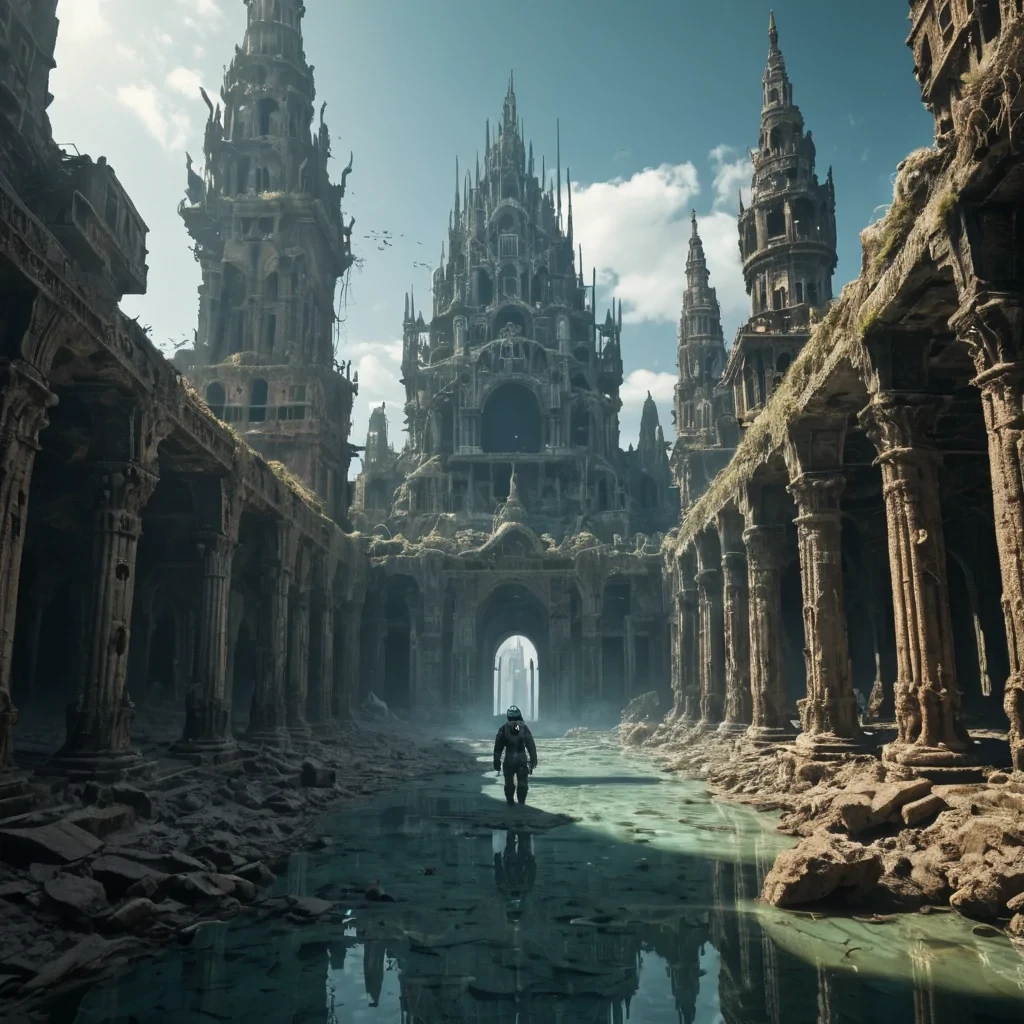 A colossal, ancient, derelict underwater city, its rusted, coralencrusted spires piercing the abyssal depths, stands as a silent, forgotten metropolis. The citys colossal, dormant central plaza, a labyrinth of interlocking, iridescent marble tiles, casts dynamic, ethereal shadows across the barren landscape, revealing intricate, ancient runes etched into the weathered, barnaclecovered terrain. Within, a lone, spectral figure, clad in a tattered, vintage diving suit, drifts through the desolate streets, their form composed of swirling, bioluminescent motes of light. Ultra HD, cinematic volumetric lighting, atmospheric lens flare, vibrant,