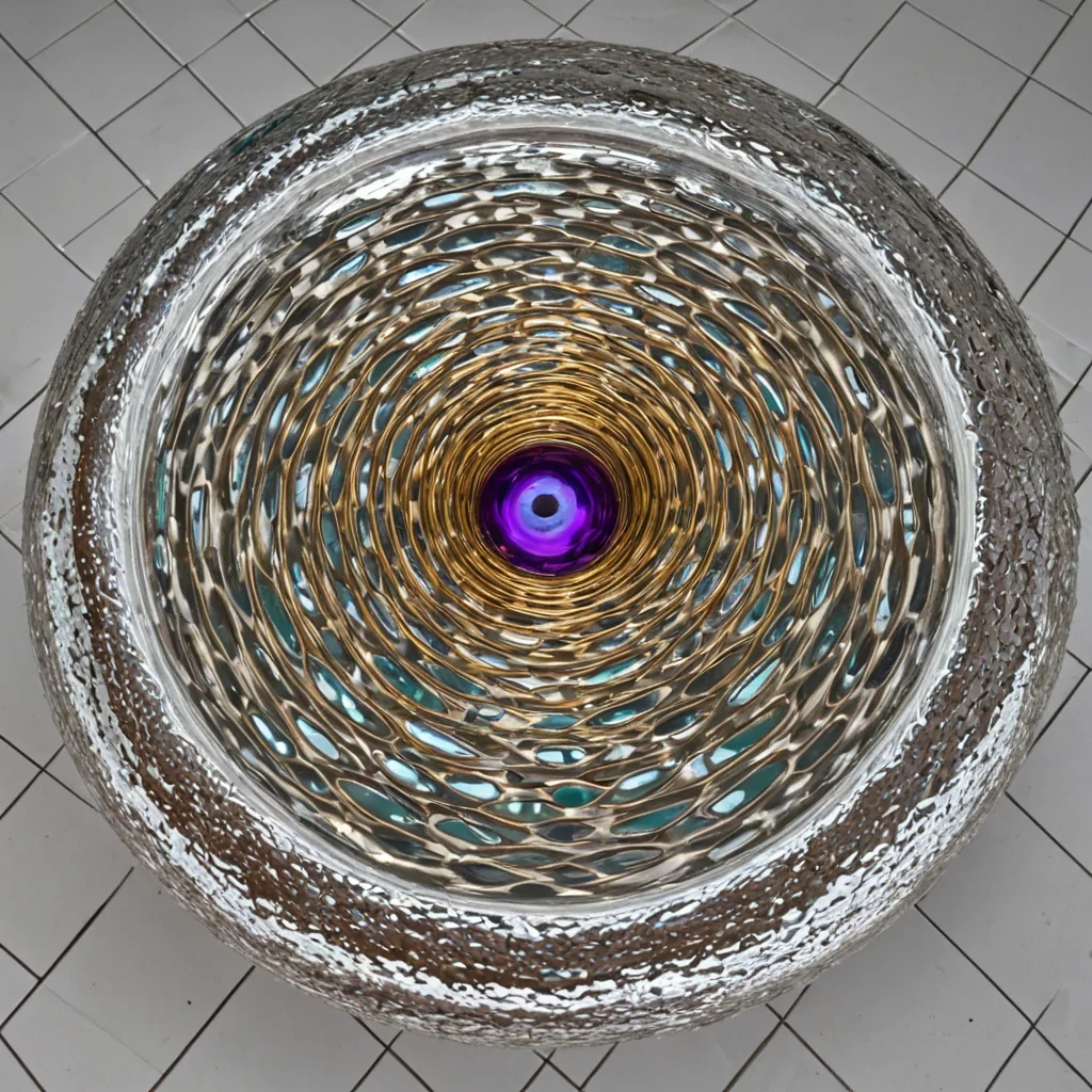 A topdown, highresolution isometric view of a vast, circular atrium floor composed of a single, seamless sheet of rippling, metallic liquid silver that behaves like a fluid mirror. Resting in the exact center is a rigid, cubic structure made of matte, porous white ceramic, suspended three inches above the surface by four ultrathin, tensioned cables of braided gold fiber. The ceramic cube is hollow, with a latticelike interior visible through square cutouts in its faces, revealing a dense, static cluster of tiny, iridescent soap bubbles frozen in midexplosion inside the core. The liquid silver floor reflects the cube with perfect clarity, but the reflection is distorted into a chaotic, prismatic spectrum of violet, teal,