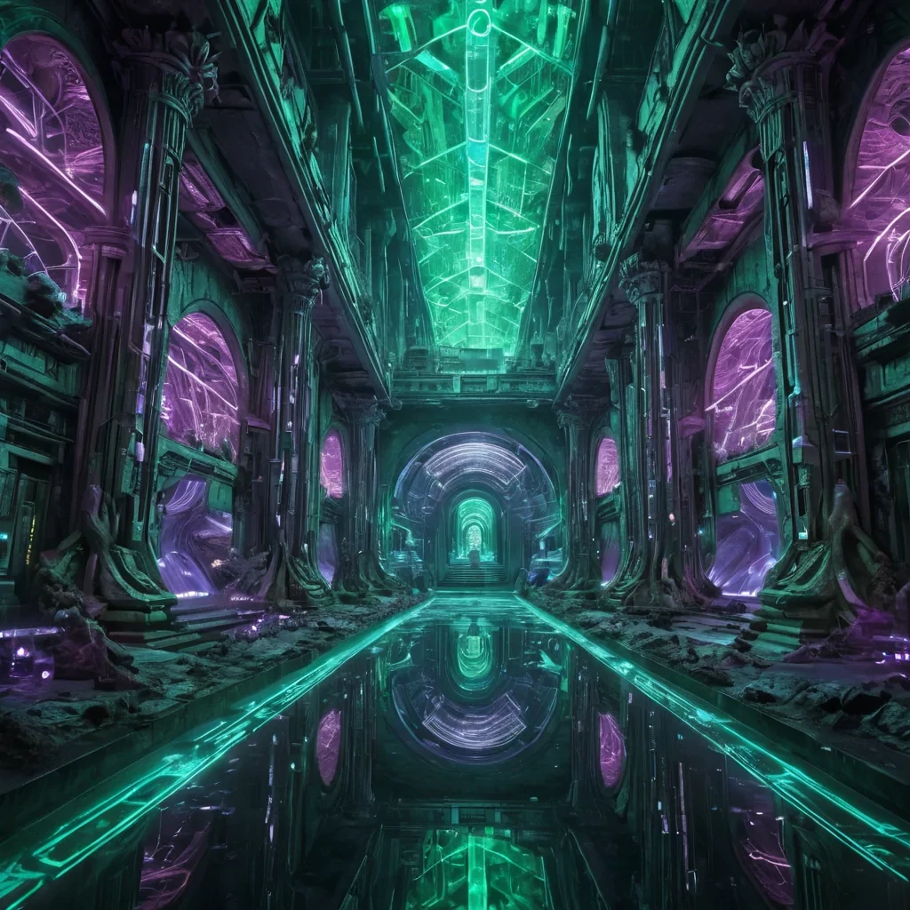 A hyperrealistic, 4K, ultra HD depiction of a surreal, neonlit underground city in the year 2250. The citys towering, art deco structures and geometric tunnels are etched with intricate, holographic patterns that shimmer in a kaleidoscope of electric greens and purples. Volumetric lighting from the pulsating, bioluminescent fungi casts a mesmerizing glow on the diverse, cyberneticallyenhanced citizens. Photorealistic, zerogravity schools of exotic, luminescent creatures drift in a surreal ballet above the shimmering, subterranean rivers. In the heart of the city, a towering, crystalline formation resembling an ancient, earth deity stands watch, its facets reflecting