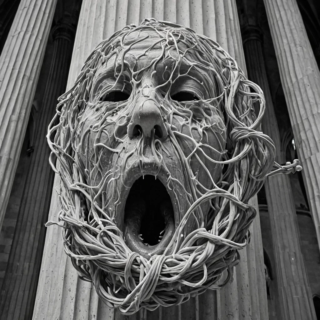 A single, selfdissolving knot of reversed breath, shaped like a 42,891dimensional tangle of unformed exhalation and inverted respiration, floats at the center of a vast, inverted cathedral of solidified silenceeach pillar carved from the exact moment between a sigh leaving the lips and its refusal to travel through air, a breath held before a scream and its collapse into nonaudible calm, a whisper forming in the throat and dissolving into pure, unmeasured stillness. The knot does not release airit unreleases it, each fraying strand shedding a layer of pneumatic potential that never coalesced into shared breath, reforming into ephemeral, pearlveined afterimages