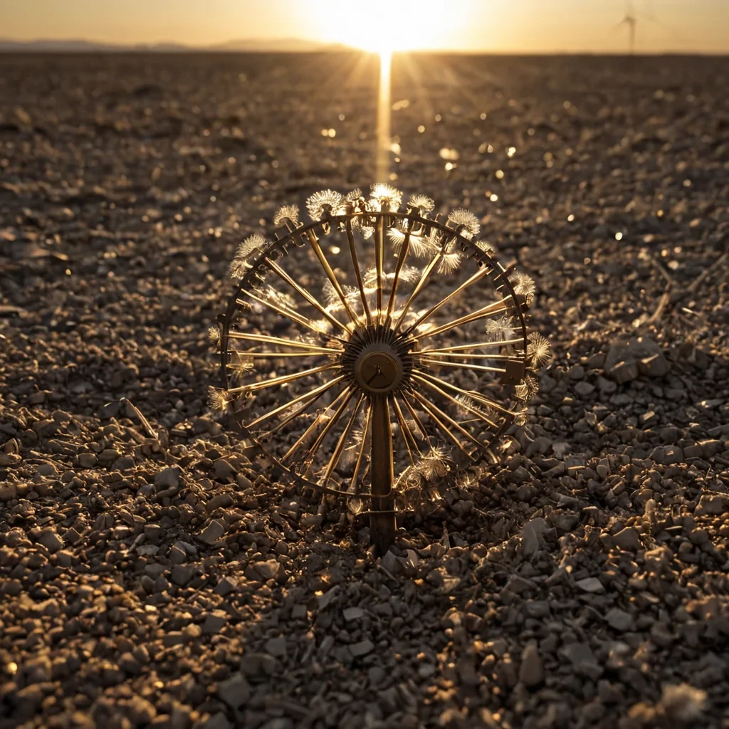 A horizontal, eyelevel macro shot of a vast, surreal desert landscape composed entirely of billions of tiny, interlocking mechanical clock gears in tarnished brass and oxidized copper, stretching into a hazy, sepiatoned horizon. In the immediate foreground, a single, fragile dandelion seed head made of thin, spun platinum wire stands upright, its delicate filaments catching the lowangle light of a setting sun that appears as a massive, fractured lens flare. The wind is visible as swirling currents of fine, metallic dust that drift around the static machinery, creating a dynamic contrast between the rigid, industrial texture of the ground and the soft, ethereal movement of the air. The lighting is warm and directional, casting long, sharp shadows from