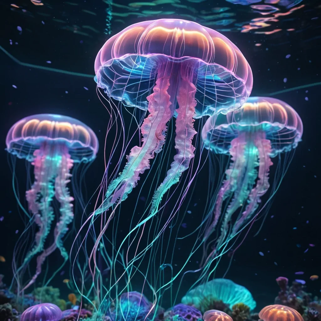 Hyperrealistic neon jellyfish with iridescent tendrils, gracefully drifting through a floating, geometric aquarium of reflective, swirling pastel hexagons, dynamic lighting with volumetric beams, soft focus on its delicate, luminescent body, vibrant colors, 4K resolution, lens flare shimmering around its ethereal form in a surreal, futuristic underwater sanctuary.