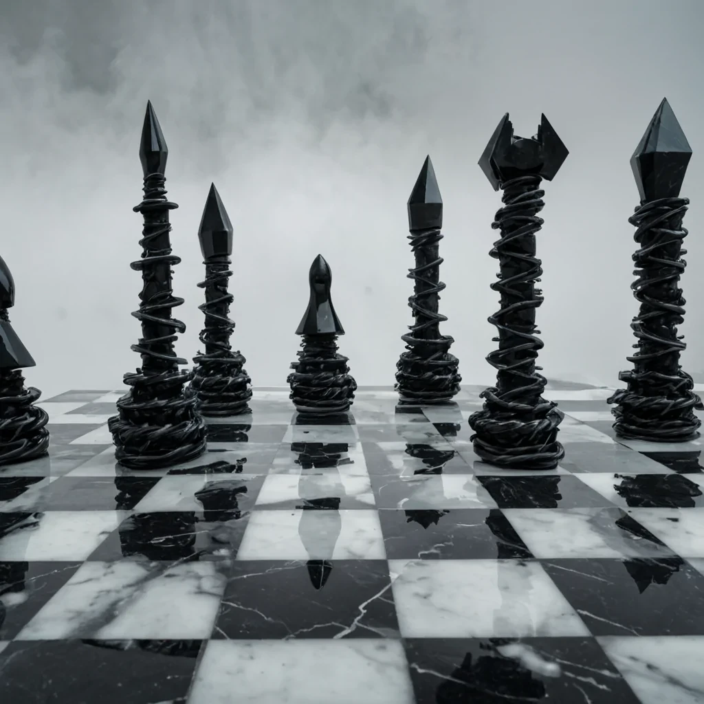 A hyperrealistic, wideangle photograph of a sprawling, infinite chessboard constructed from alternating slabs of polished black granite and raw, roughhewn white marble, stretching toward a vanishing point shrouded in thick, swirling fog. The pieces are not traditional figures but massive, abstract geometric monoliths the pawns are jagged shards of translucent obsidian, the knights are twisted spirals of woven copper wire, and the kings are towering, hollow columns of pale, bioluminescent blue quartz. In the immediate foreground, a single, oversized hand made of smooth, matte ceramic reaches in from the left, fingers poised to move a rook that resembles a perfect, spinning cube of liquid silver. The lighting is dramatic and low