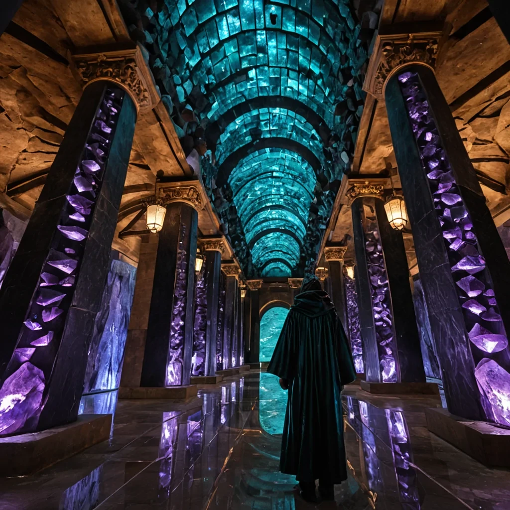 A sweeping, lowangle wide shot of a vast, subterranean observatory carved into the interior of a massive, hollowedout geode, where the ceiling and floor are lined with rough, jagged amethyst crystals that refract light from thousands of hanging, brasscaged lanterns emitting a warm, honeycolored glow. The central aisle is paved with smooth, polished obsidian tiles that mirror the crystalline ceiling, creating an infinite reflection effect. In the foreground, a young archivist wearing a structured, highnecked robe made of iridescent, scalelike fabric in shades of deep teal and silver stands beside a towering stack of ancient scrolls bound in dark leather and sealed with wax. The air is thick with suspended, glowing golden