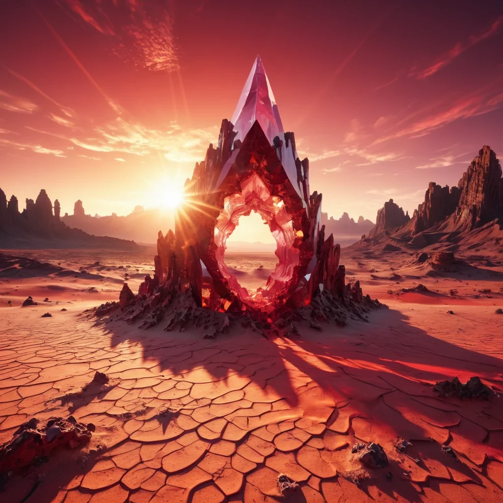 An ancient, colossal, crystalline structure, halfburied in a vast, crimson desert, reflecting the dance of a triple sunrise in its fractal surfaces. Ultra HD, cinematic volumetric lighting, atmospheric lens flare, vibrant desert colors.