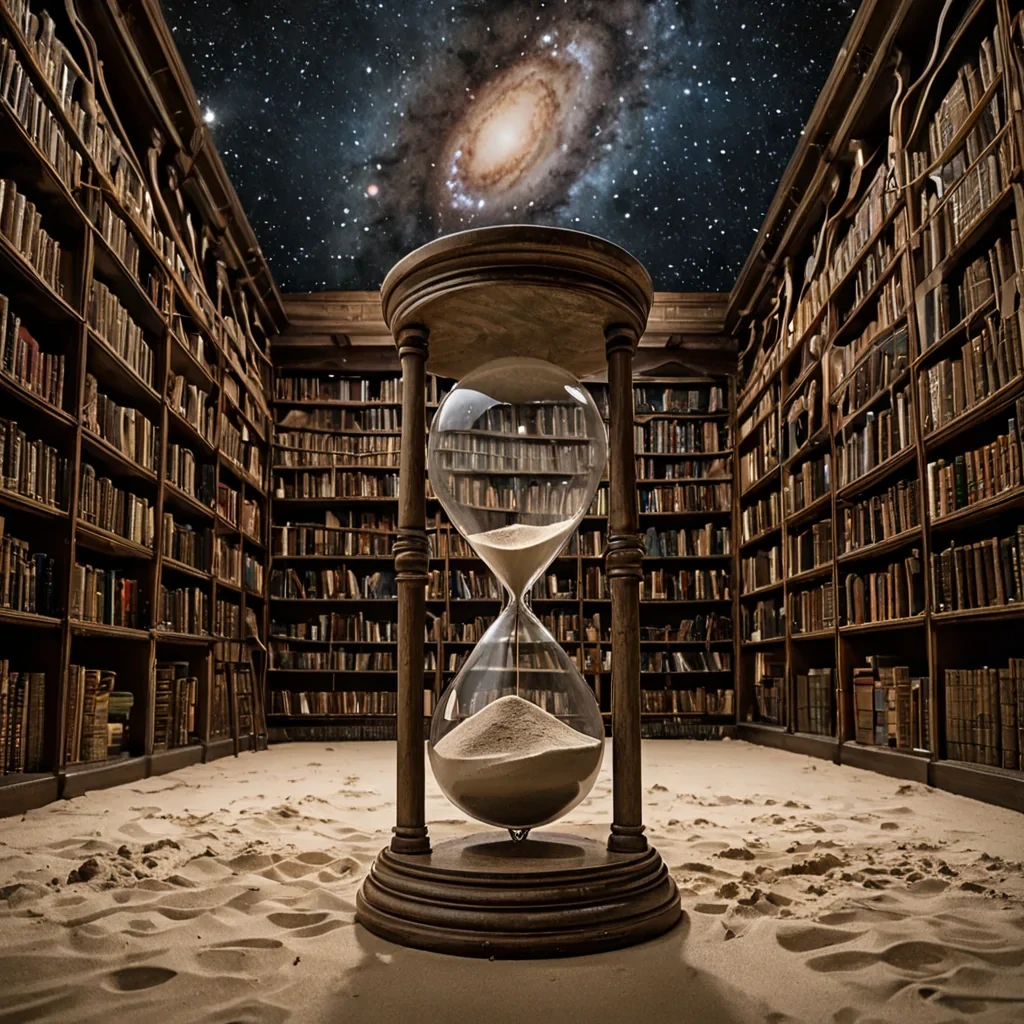 A single, translucent hourglass floats in the center of a vast, inverted library suspended in the vacuum between galaxies, its sand not granular but composed of solidified moments of laughter from a civilization that never existedeach grain a perfect, frozen smile, etched with the faint, shimmering outline of a childs hand midgesture, as if caught in the act of pointing at a star that never burned. The hourglass does not run backward or forwardit pulses in slow, rhythmic sync with the heartbeat of a universe that forgot how to dream. The library itself is not built of books, but of hollowedout planets, each one a bound volume of compressed silence, their covers forged from the emotional residue of unspoken goodby