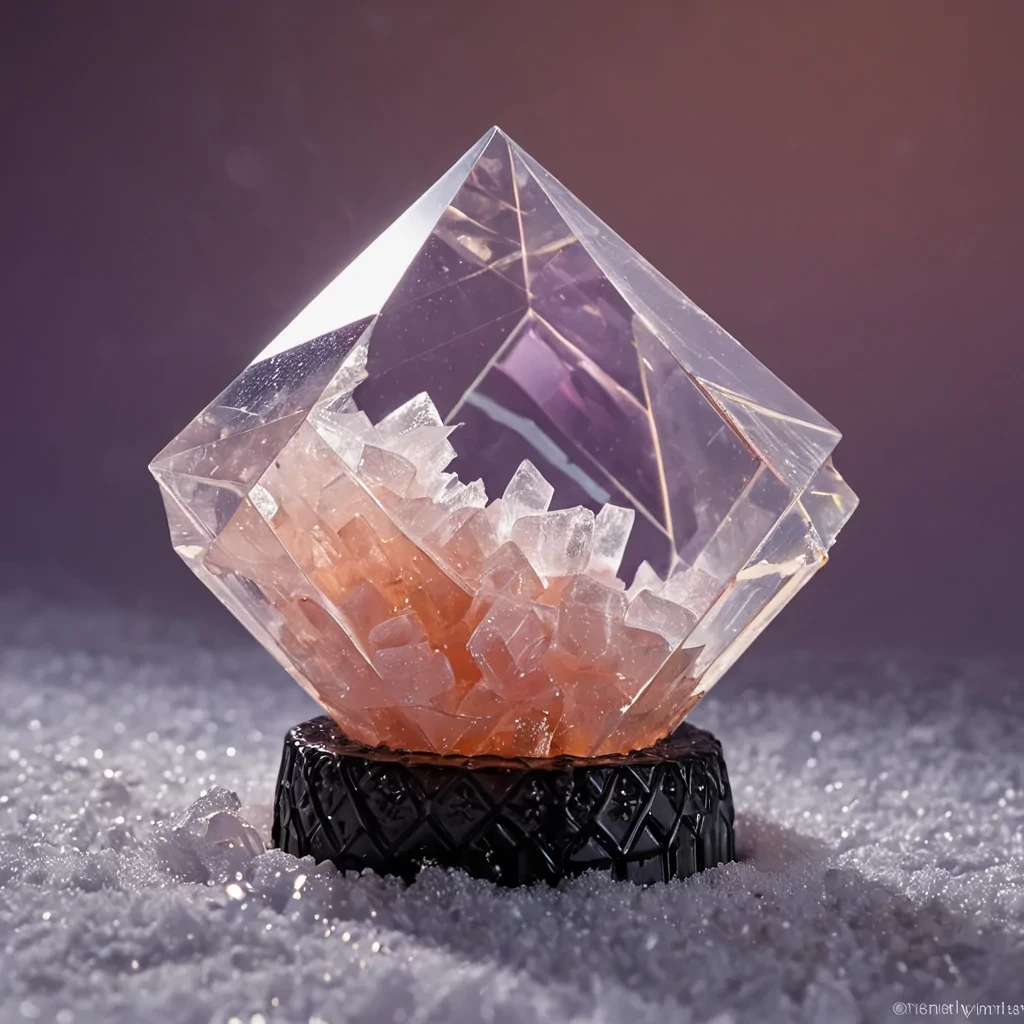 A horizontal, extreme closeup macro shot of a single, oversized, translucent sugar crystal suspended in a vacuum, its faceted surface refracting a complex spectrum of soft peach and pale lavender light. Inside the crystal, a miniature, intricate world of edible architecture is preserved tiny, precise structures made of spun isomalt, wafer shards, and chocolate microlattice stand in a landscape of powdered vanilla snow. The interior is illuminated by a faint, warm glow emanating from the base of the crystal, highlighting the dust particles of edible glitter floating within. The background is a seamless, deep matte black that contrasts sharply with the delicate, glowing interior. The rendering is hyperrealistic, with extreme attention to the refraction of light through the sugar