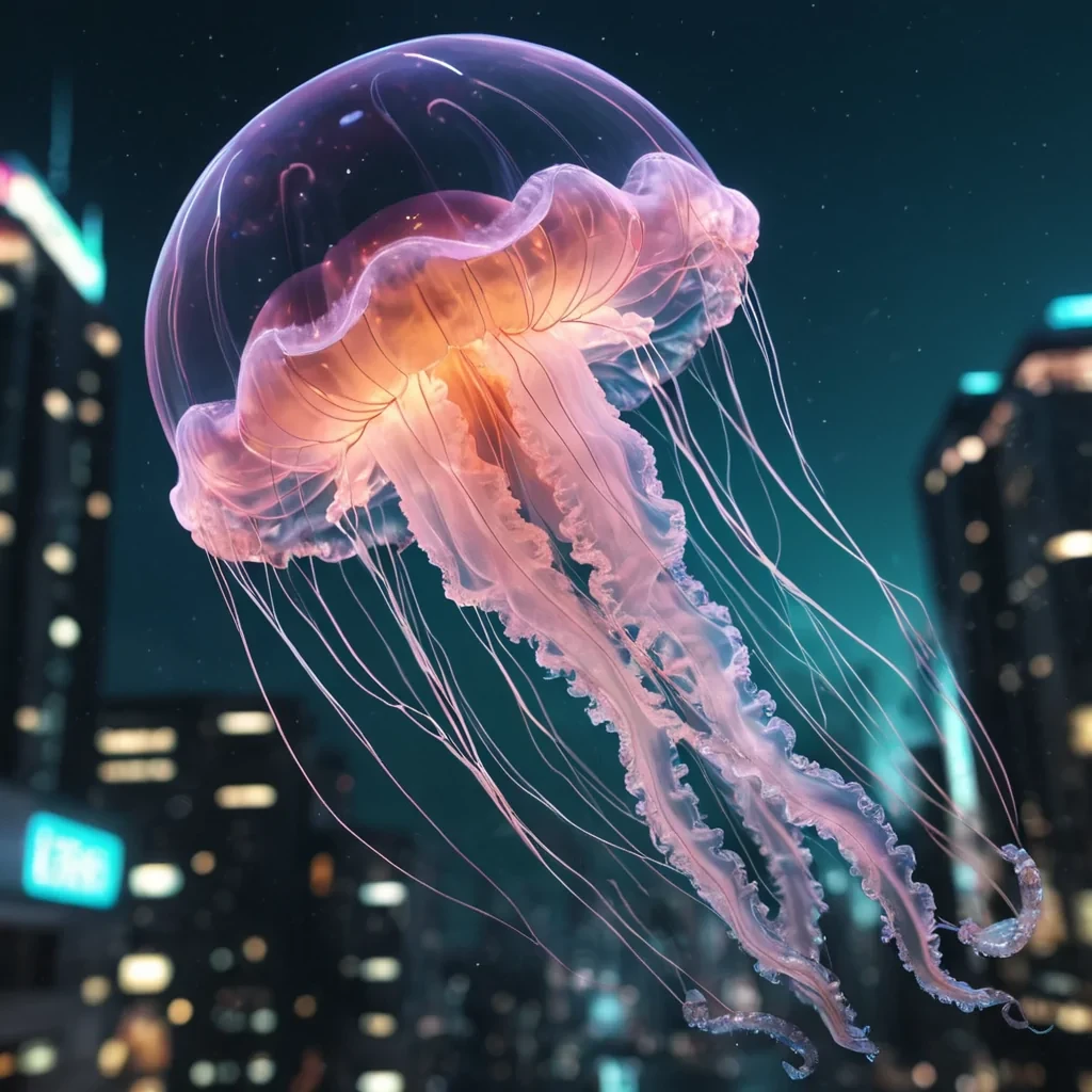 A levitating, translucent jellyfish with a neon core, drifting through a zerogravity, underwater city, hyperrealistic, ultra HD, cinematic lighting, volumetric lighting, atmospheric effects, dynamic lighting, bokeh effect, soft focus, lens flare, neon tones, detailed textures.