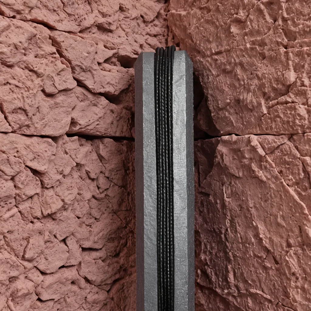 A hyperrealistic, vertical closeup of a single, massive, translucent fiberoptic cable bundle emerging from a raw, jagged fissure in a wall of compressed, dusty rose sandstone. The cables are not emitting light but are absorbing the ambient environment, rendering the background through the strands in reversed, inverted color spectra. Wrapped tightly around the center of the bundle is a strip of woven, matte black denim fabric, its weave interlocking with the delicate glass filaments in a seamless hybrid of industrial textile and hightech conduit. Tiny, hexagonal bolts made of brushed aluminum secure the denim to the stone, each bolt head reflecting a miniature, distorted version of the surrounding room. The lighting is soft and diffused, coming from behind the subject