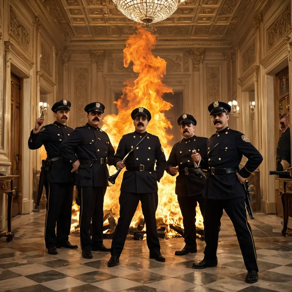 Like the keystone cops, the handsome king and his men put out a fire in the palace