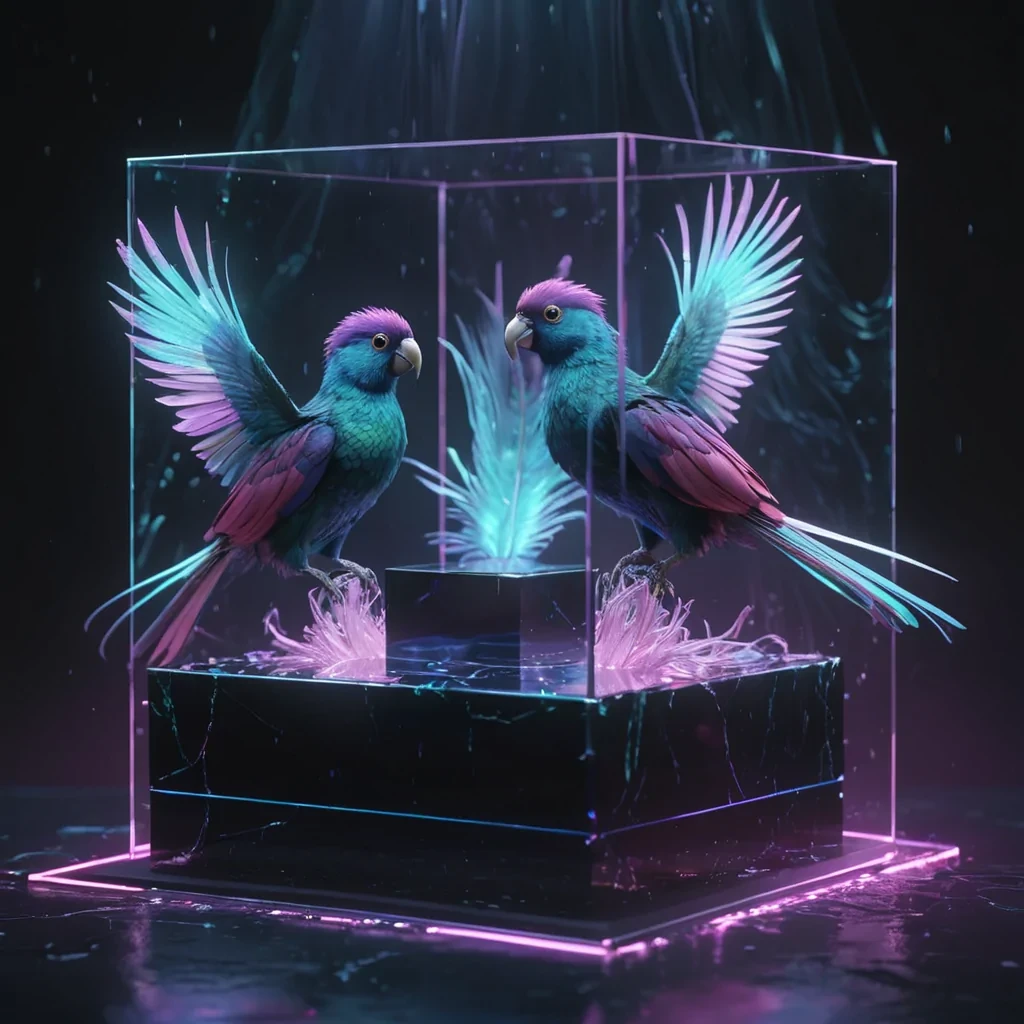 Hyperrealistic neon quetzals with reflective metallic feathers perching on a cubic obsidian platform, floating in a chamber filled with iridescent mist, holographic threads weaving in volumetric lighting, dynamic reflections, soft focus, pastel tones, 4K