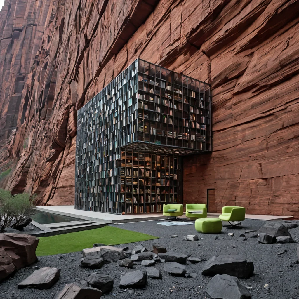 A wideangle, cinematic shot of a sprawling, openair library built into the side of a sheer, vertical cliff face of striated red sandstone. The architecture is composed entirely of interlocking, modular cubes of matte, dark green basalt that appear to be floating slightly off the rock face, held in place by thin, taut cables of woven silver fiber. Inside the hollow centers of these cubes are shelves lined not with books, but with thousands of cylindrical glass tubes containing slowmoving, viscous liquids in distinct hues of pale lavender, bright lime, and deep charcoal. The air is dry and crisp, with a subtle haze of fine, reddish dust drifting horizontally across the scene. In the foreground, a single, oversized reading chair made