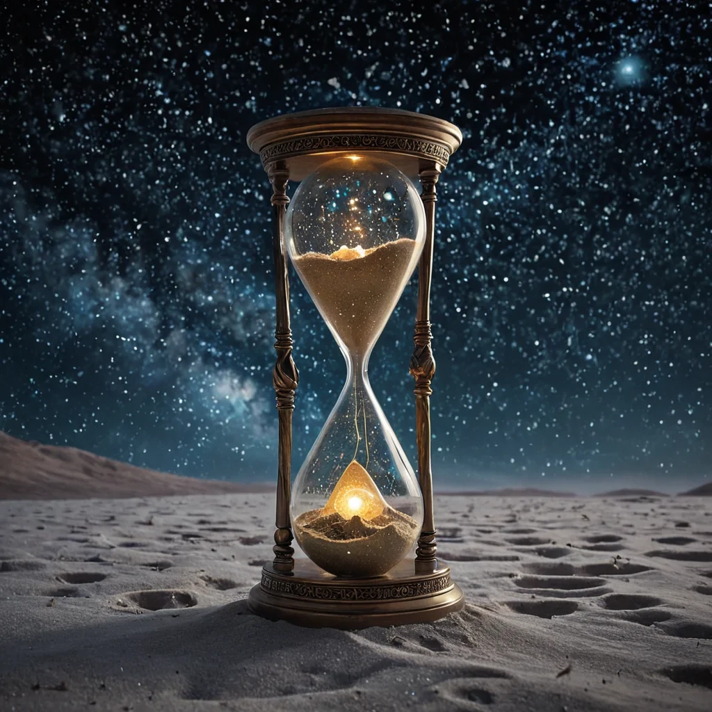 A colossal, crystalline hourglass floats suspended in the heart of a frozen nebula, its glass walls carved from solidified starlight and etched with spiraling constellations that shift like living ink with each passing second. Inside, instead of sand, a river of liquid time flows in reversegolden particles swirling upward, forming fleeting images of forgotten civilizations, extinct languages, and dreams that never were. The hourglass is encased in a cage of woven light, each strand pulsing with a soft, rhythmic hum that resonates with the silence of deep space. Around it, drifting like cosmic dust, are fragments of shattered mirrors, each reflecting a different timelineone where the sky is made of glass, another where gravity flows like honey