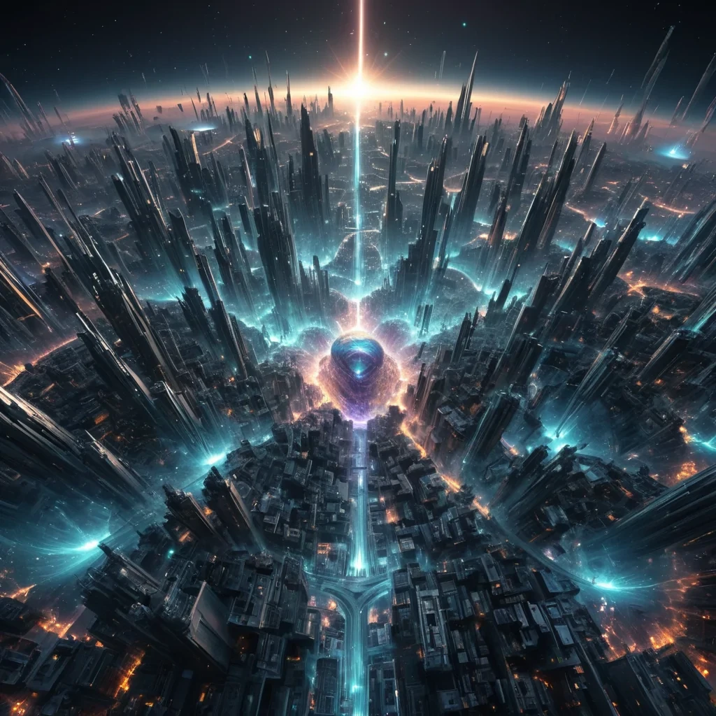 A hyperrealistic, 4K, ultra HD, fractal, nebula metropolis, its crystalline structures unfurling zero gravity, aerodynamic ecosystems. Volumetric lighting from unseen, pulsating, bioluminescent cores etches the citys ethereal, labyrinthine architecture, casting intricate, dynamic, iridescent shadows on the inverted, reflective void. Cinematic lighting bathes the scene in vibrant, nebular hues, with lens flare emphasizing the citys central, radiant, throbbing, crystalline heart, pulsating with captive, alien, aerothermal energy. Photorealistic, fractal, crystalline structures unfurl ultra HD, zero gravity, aerodynamic ecosystems.