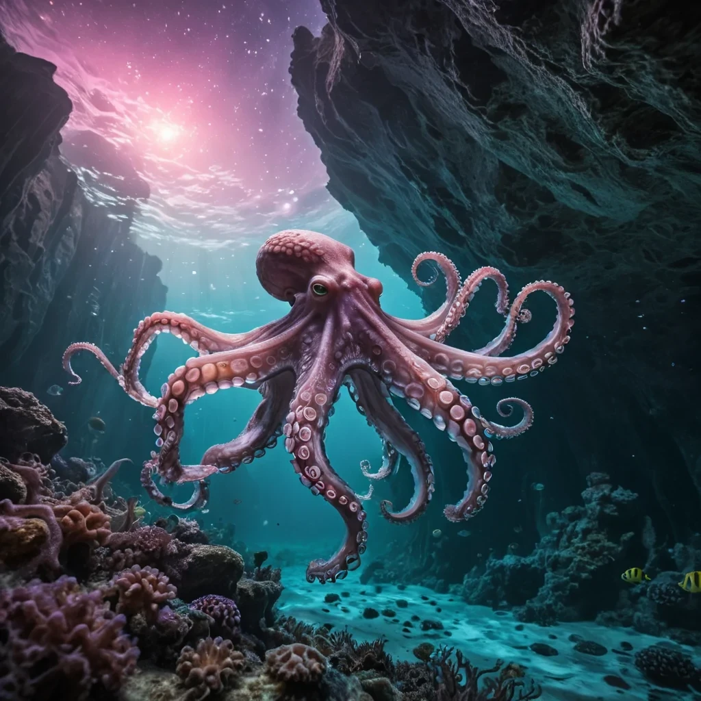 Ethereal Divergence A hyperrealistic, Ultra HD, bioluminescent octopus, its tentacles adorned with intricate, 4K fractal patterns, gracefully diverges from a colossal, cinematic underwater cliff face. The octopuss dynamic, volumetric lighting casts intricate, atmospheric shadows across the alien, monochromatic landscape, while its detailed, textured skin reveals a hidden, underwater metropolis, teeming with bioluminescent, alien lifeforms. The creatures vibrant, pastel glow illuminates the distant, swirling galaxies, creating a soft, ethereal bokeh effect that dances with the scenes lens flare.