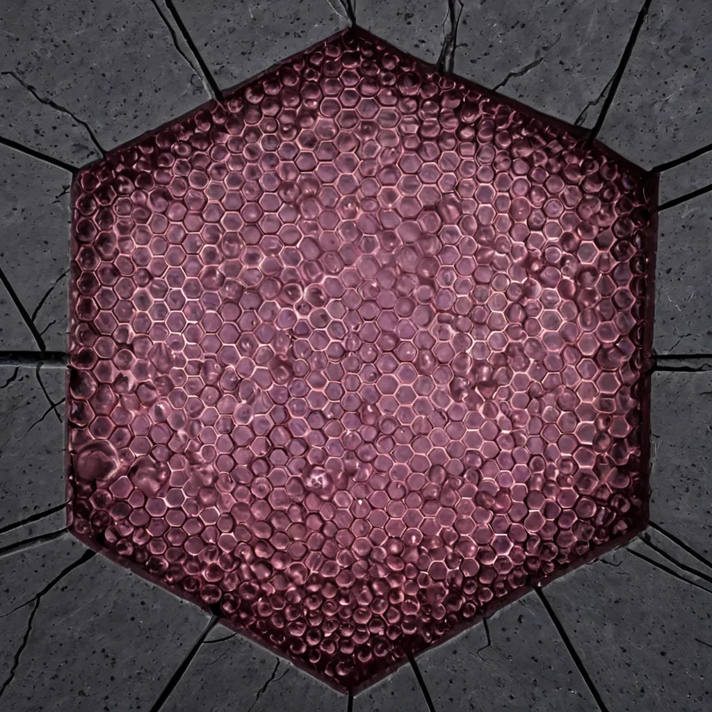 A tight, macro lens shot of a single, perfect hexagonal tile floating in a void of deep, saturated magenta mist. The tile is made of raw, unpolished volcanic basalt, but its surface is not solid it is a dense, static grid of millions of microscopic, glowing white LEDs that pulse in a slow, synchronized binary pattern. Beneath the tile, hovering in a precise magnetic levitation, is a delicate, intricate web of crystallized honey that has been frozen in middrip, forming jagged, amber spikes that pierce the basalt from below. The honey is translucent, revealing trapped air bubbles that catch the light like tiny diamonds. The background is a seamless gradient of dusty rose to pale grey, with