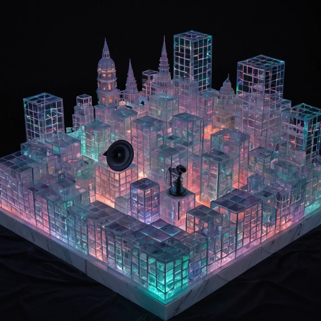 A horizontal, isometric wide shot of a sprawling, modular cityscape built entirely from stacked, translucent acrylic cubes in varying shades of pastel mint, coral, and lavender, each cube containing a miniature, selfcontained room with tiny, hyperdetailed furniture and glowing filament lights. The structure floats above a deep, velvety black void, anchored by thick, woven cables of iridescent silver fiber that spiral downwards into the darkness. In the center, a large, openair plaza made of polished, white marble tiles features a single, oversized, vintage gramophone with a golden horn, emitting visible, swirling rings of sound waves depicted as concentric, neonblue holographic discs. The lighting is soft and diffuse, coming from unseen sources within the